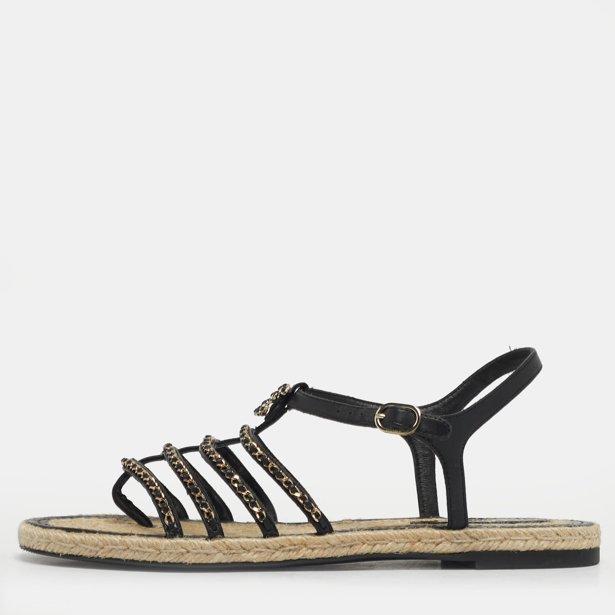 Pre-owned Chanel Size 41 Black Leather Cc Chain Link Strappy Espadrille Flats