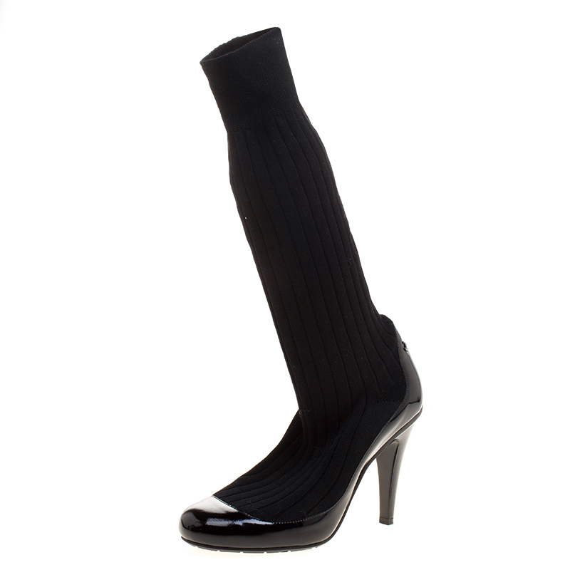 مملوكة مسبقًا Chanel Black Patent Leather and Sock Knee Boots Size 37