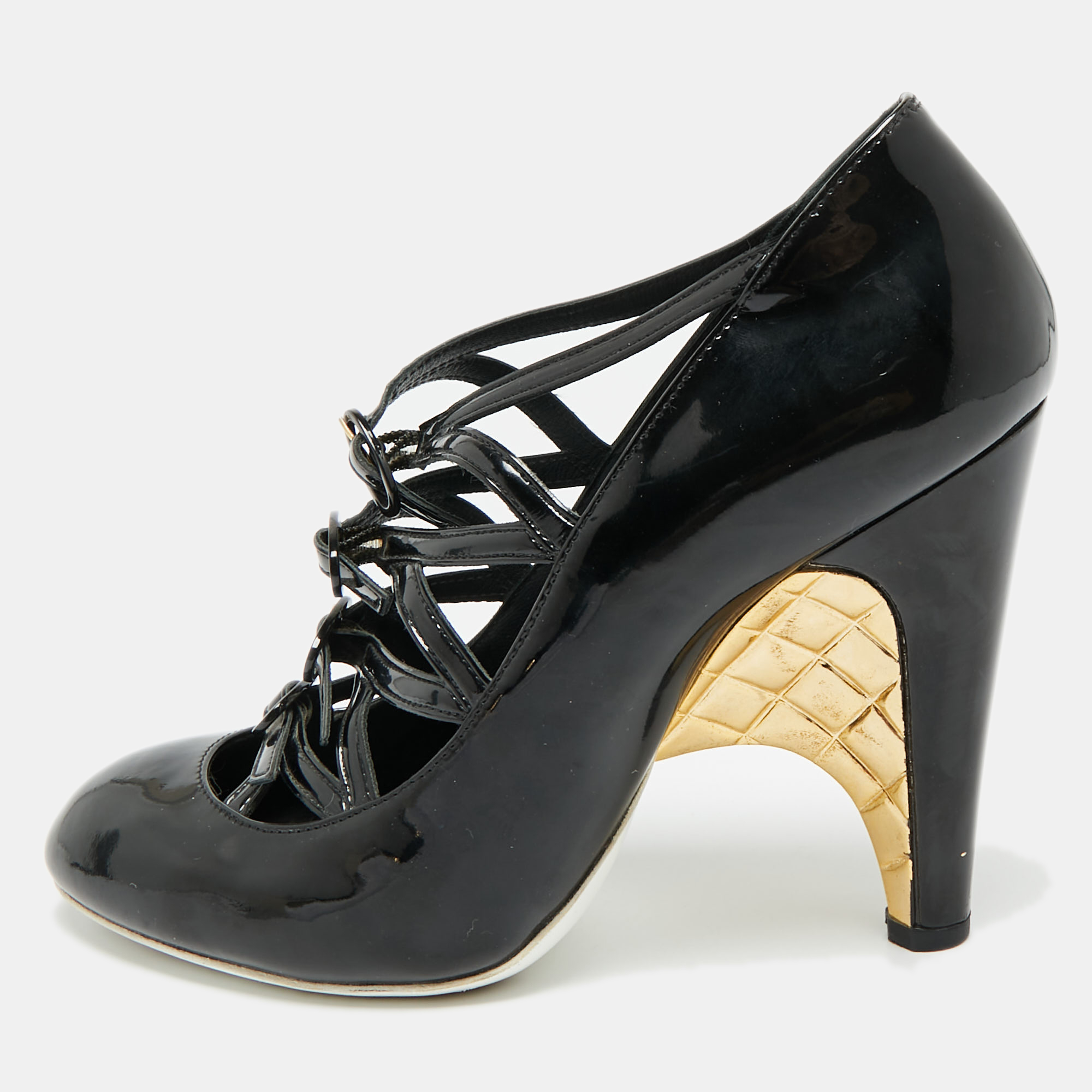 

Chanel Size  Black Patent Leather Cage Heel Strappy Pumps