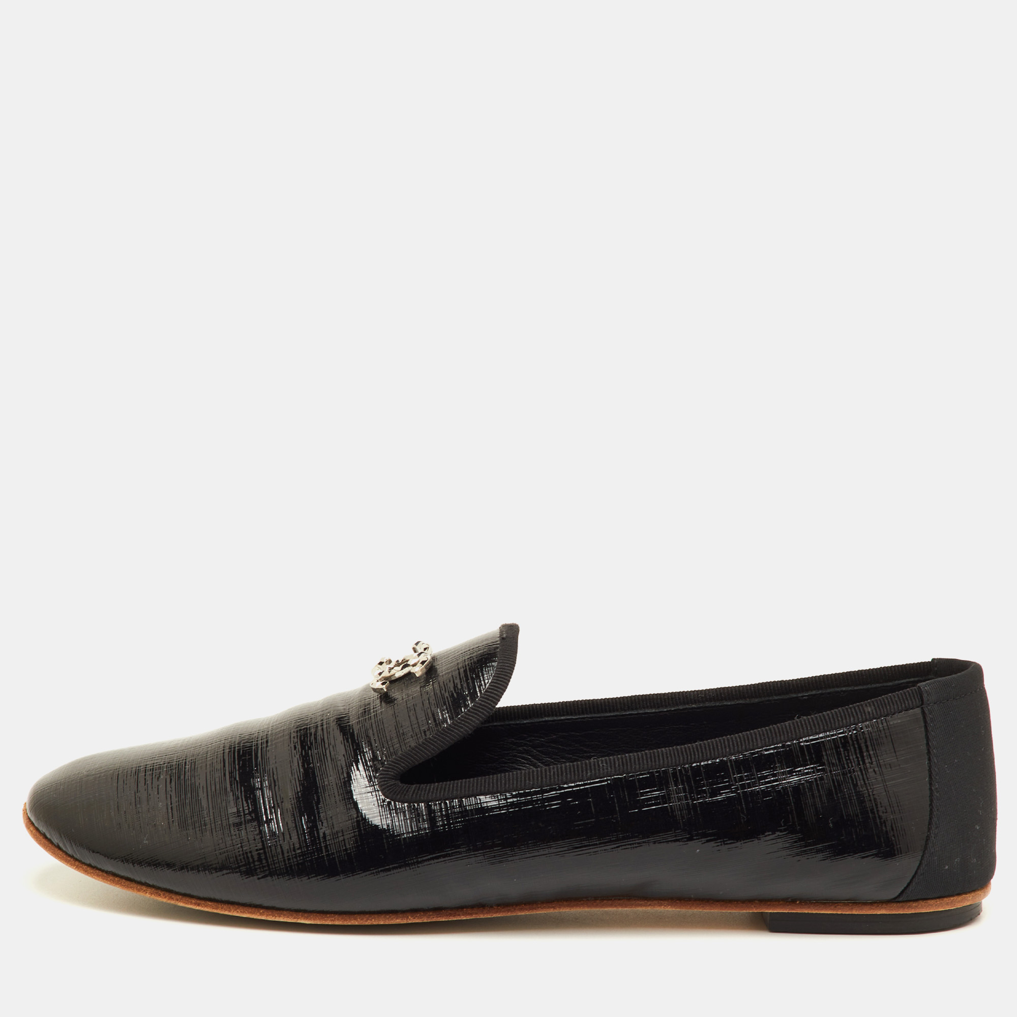 Pre-owned Chanel Cc Size 40.5 Black Patent Leather Slip On Smoking Slippers