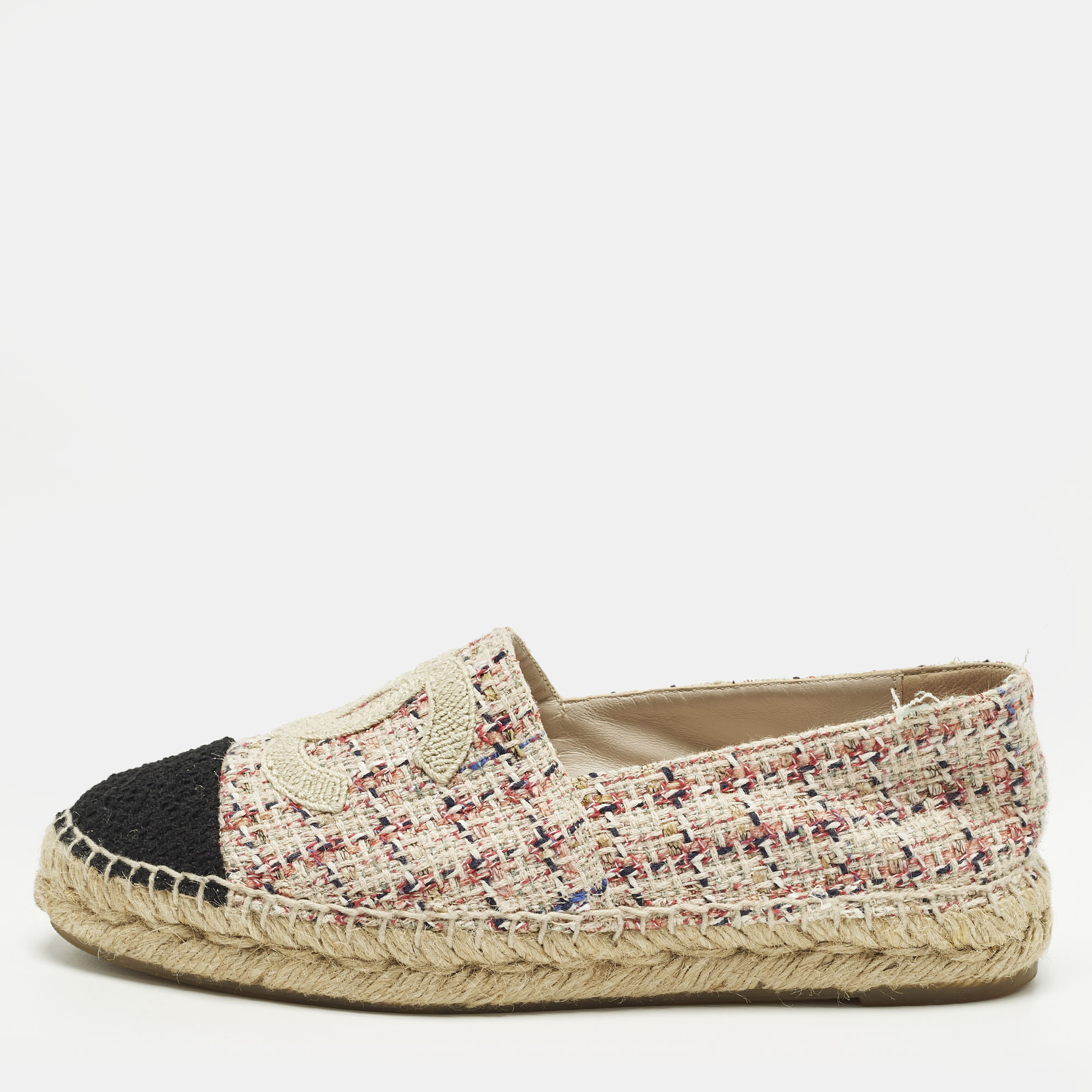 Pre-owned Chanel Cc Size 36 Multicolor Fabric And Tweed Cap Toe Espadrille Flats