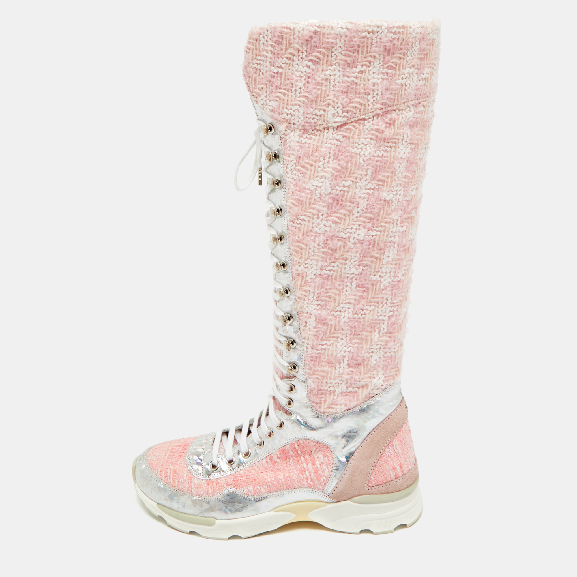 

Chanel Size  Pink/Silver Leather and Tweed Leather Knee High Top Sneaker Boots