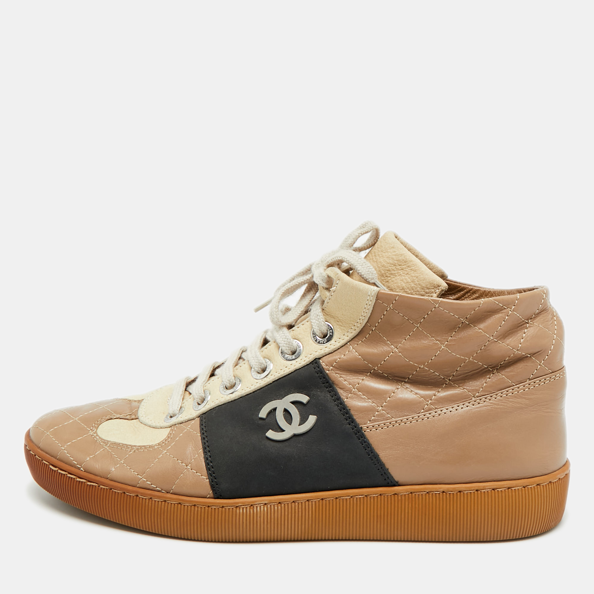 

Chanel CC Size 41.5 Tricolor Quilted Leather High Top Sneakers, Beige
