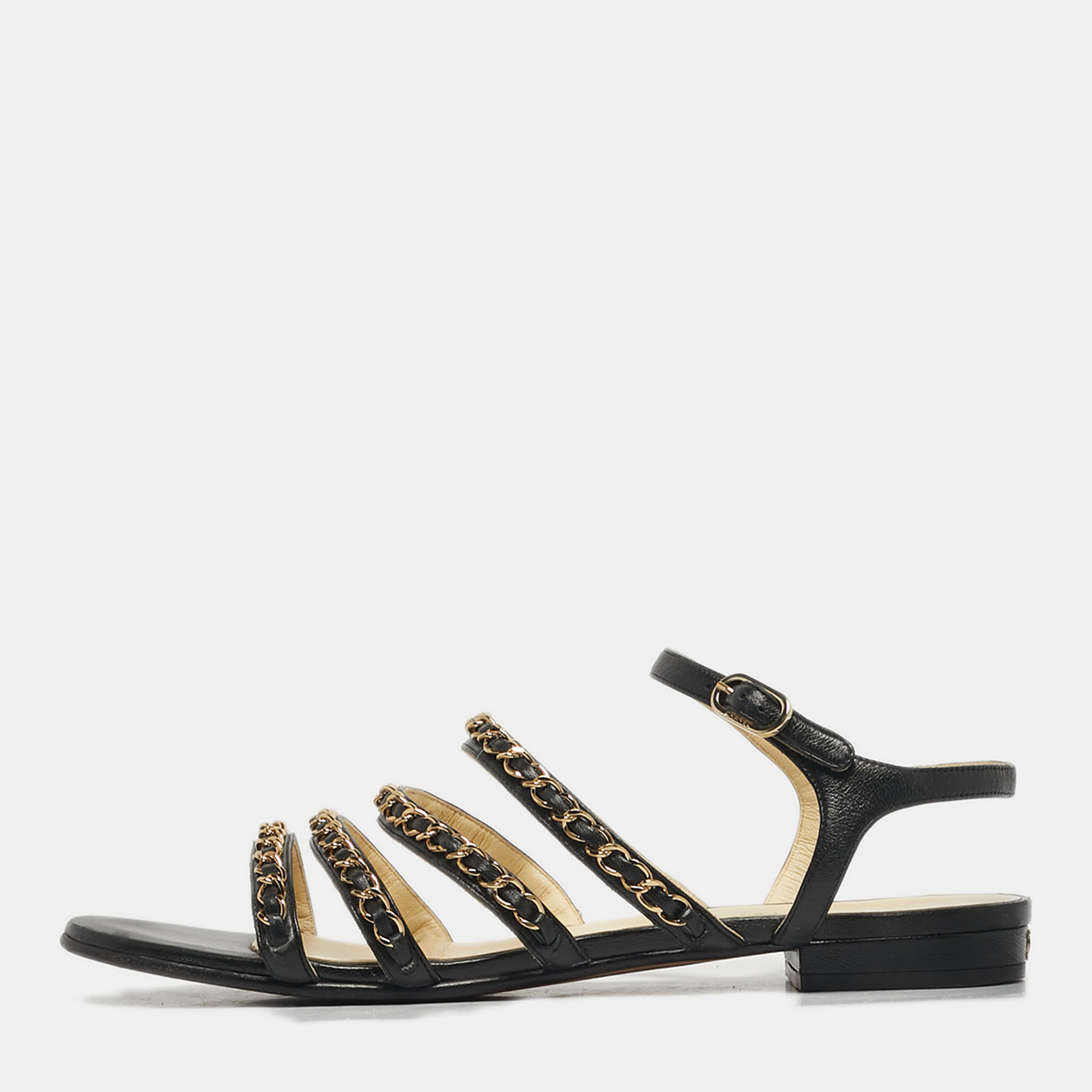 

Chanel Size  Black Leather CC Chain Link Ankle Strap Sandals