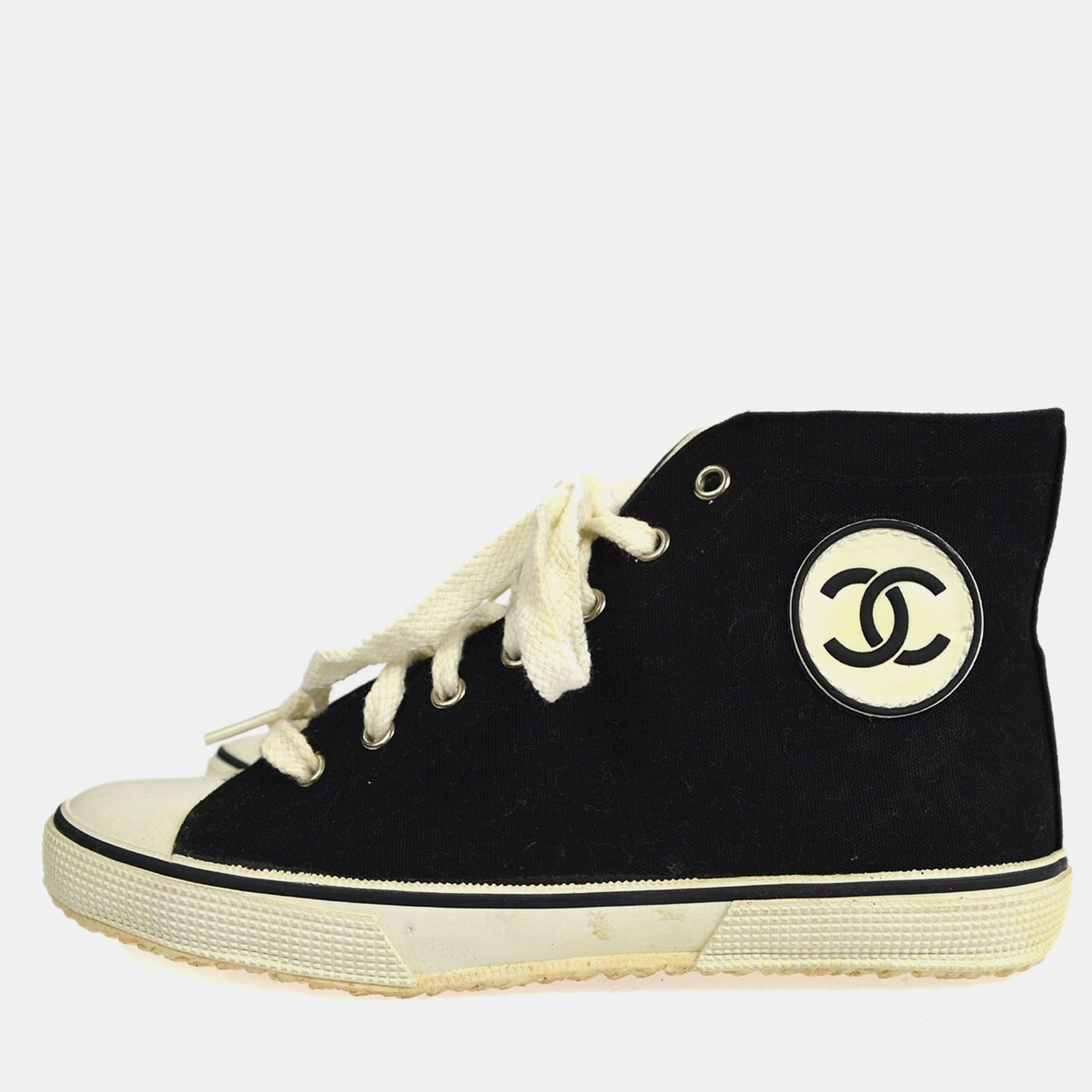 

Chanel High Cut Sneakers String Shoes Black White #38