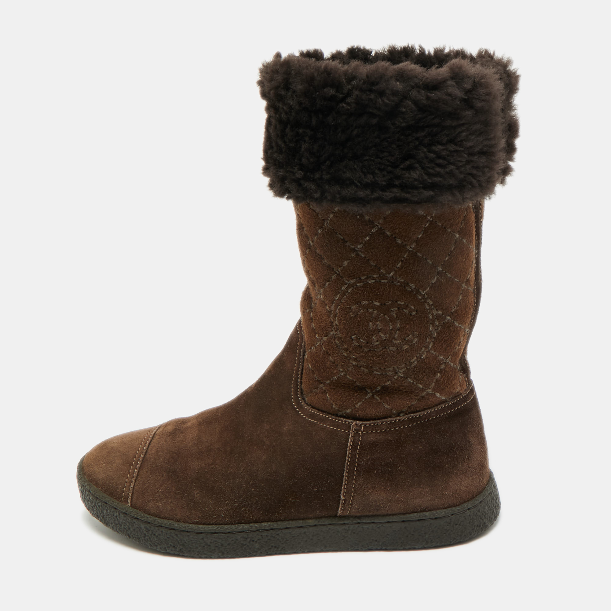 

Chanel Size  Brown Quilted Suede Mid Calf Boots