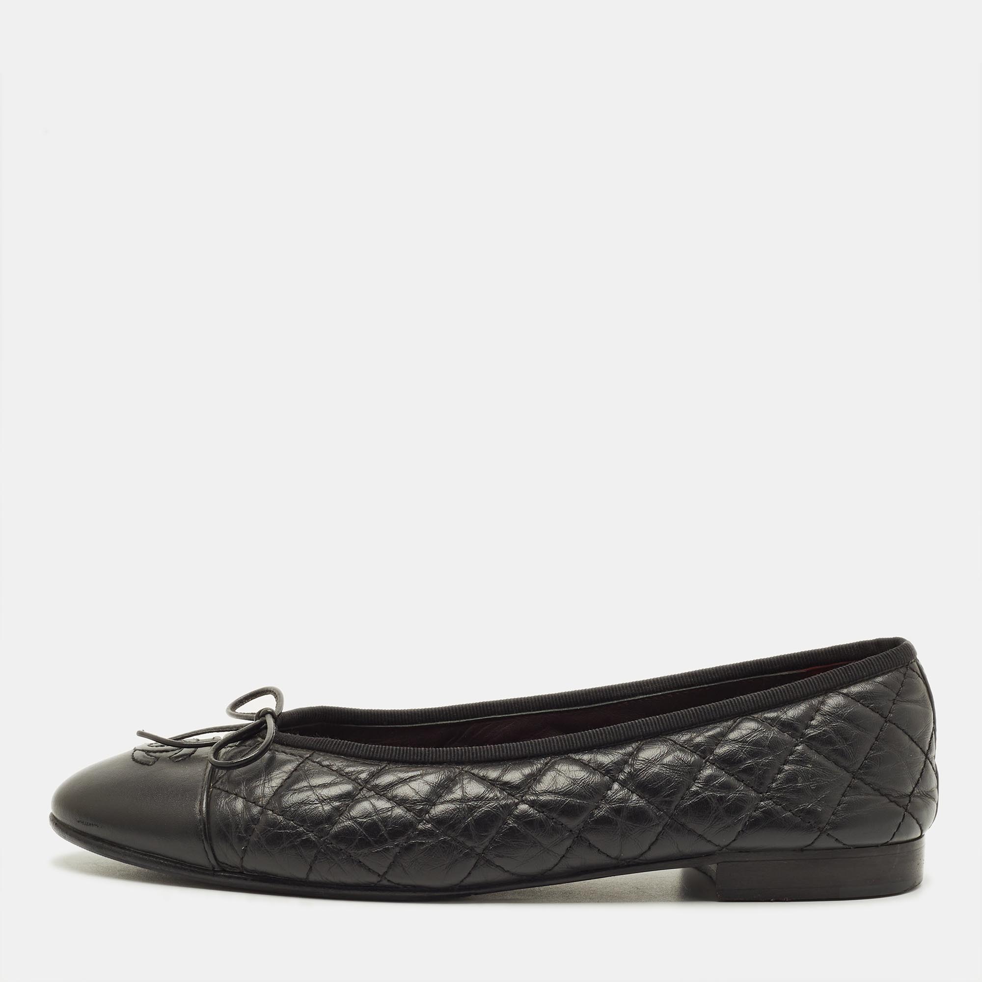 

Chanel CC Size  Black Quilted Leather Bow Cap Toe Ballet Flats