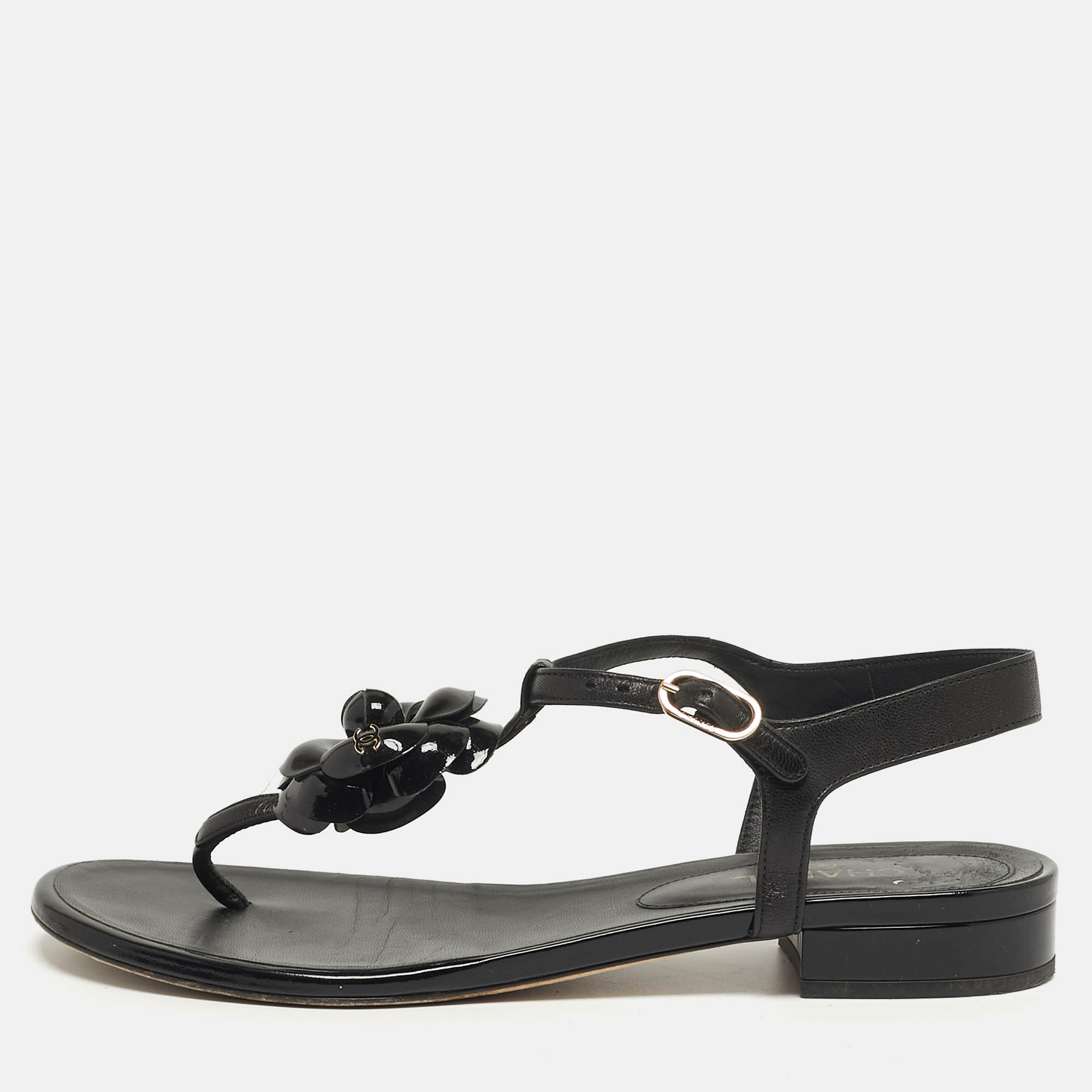 

Chanel Camellia Size  Black Patent and Leather Thong Sandals