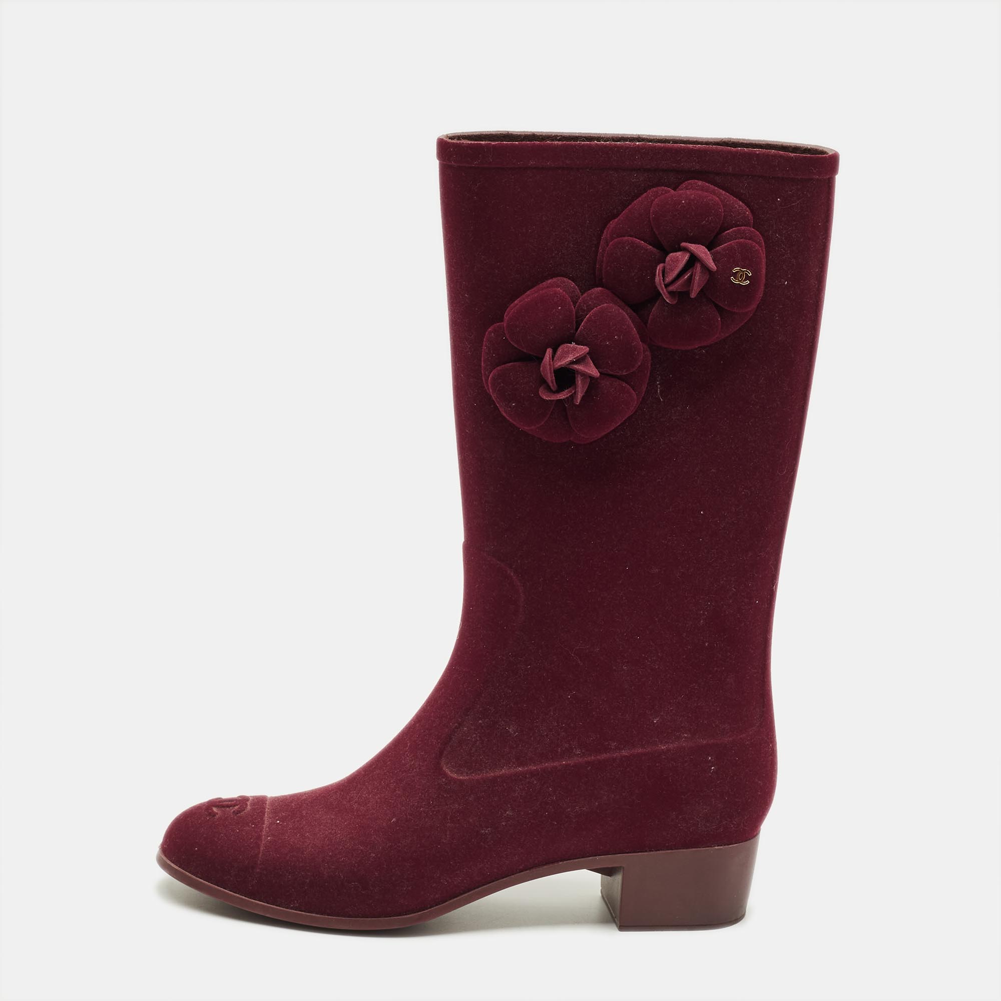

Chanel Burgundy Size  Velvet Camellia Embellished CC Rain Boots