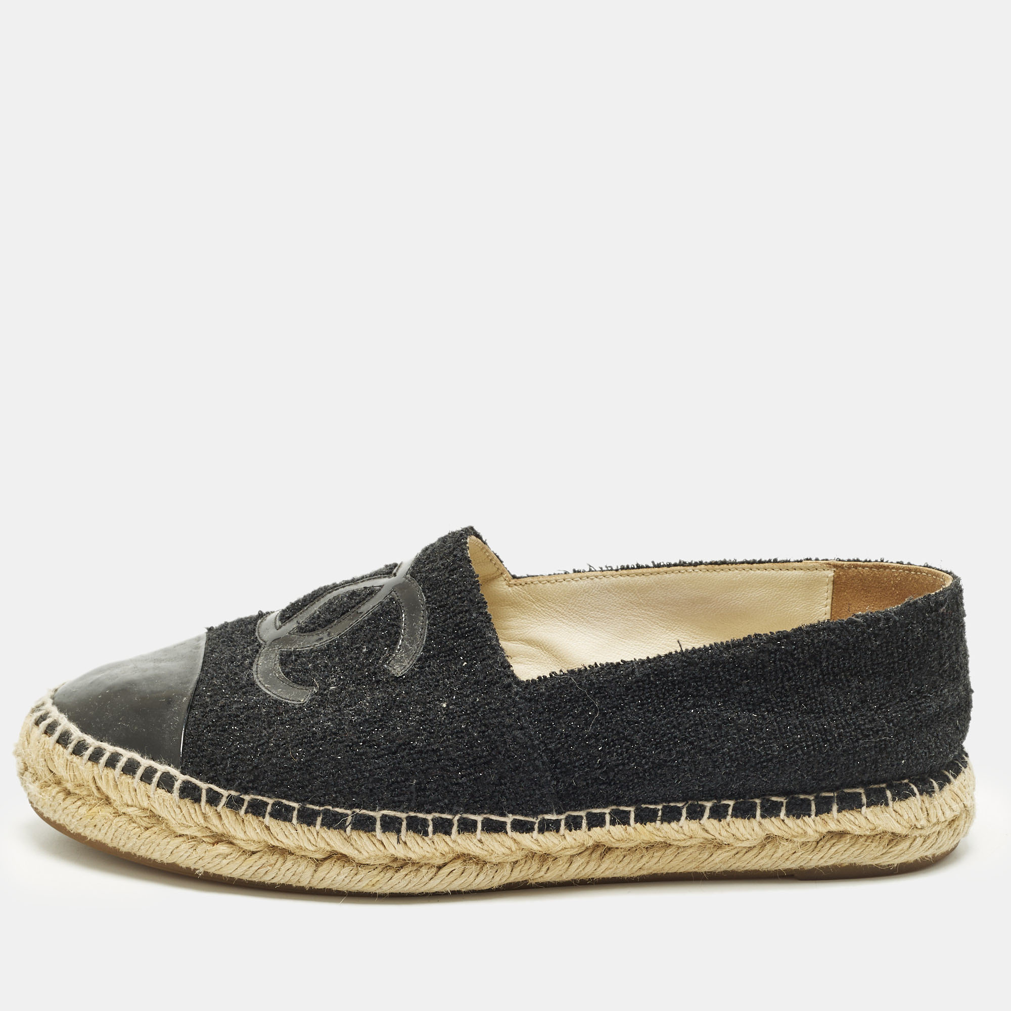 

Chanel CC Size  Black Patent Leather and Tweed Cap Toe Espadrille Flats
