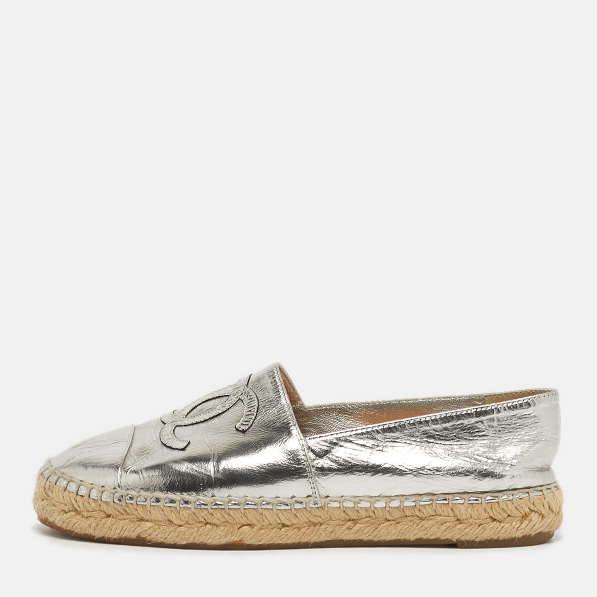 

Chanel CC Size  Silver Foil Leather Cap Toe Espadrille Flats