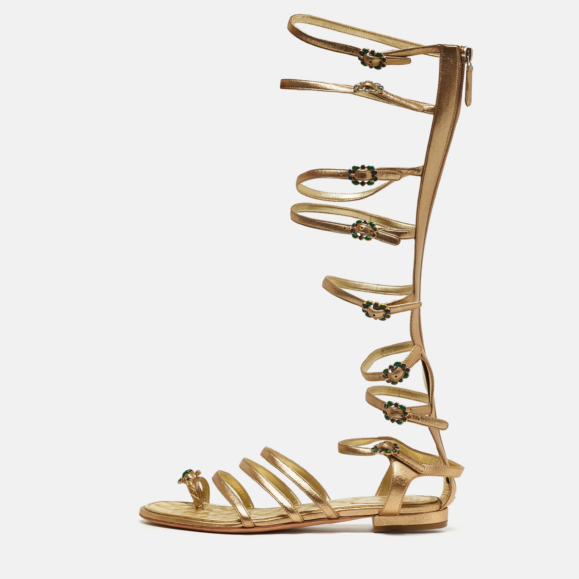 Pre-owned Chanel Size 38.5 Gold Leather Gladiator Flat Sandals
