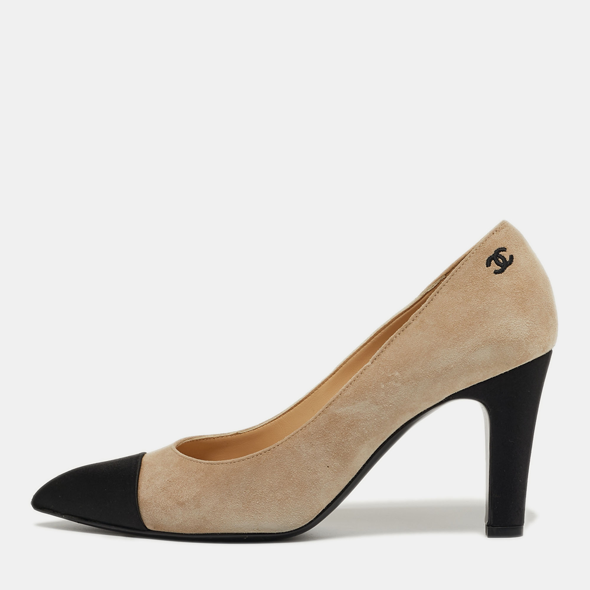 

Chanel CC Size  Black/Beige Satin and Suede Pumps