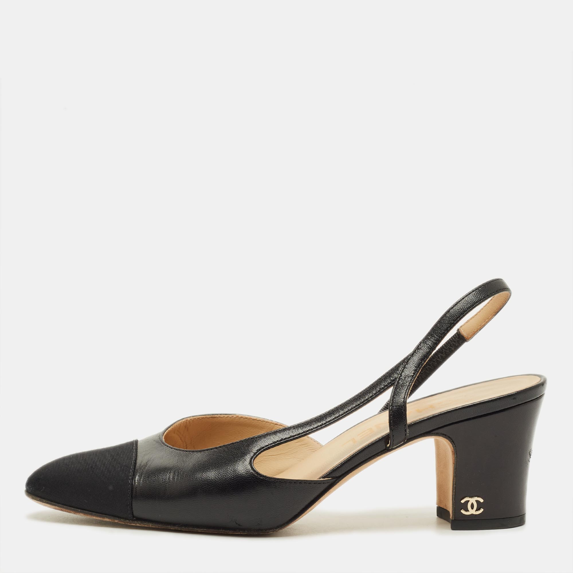 

Chanel Size  Black Leather CC Cap toe Slingback Pumps