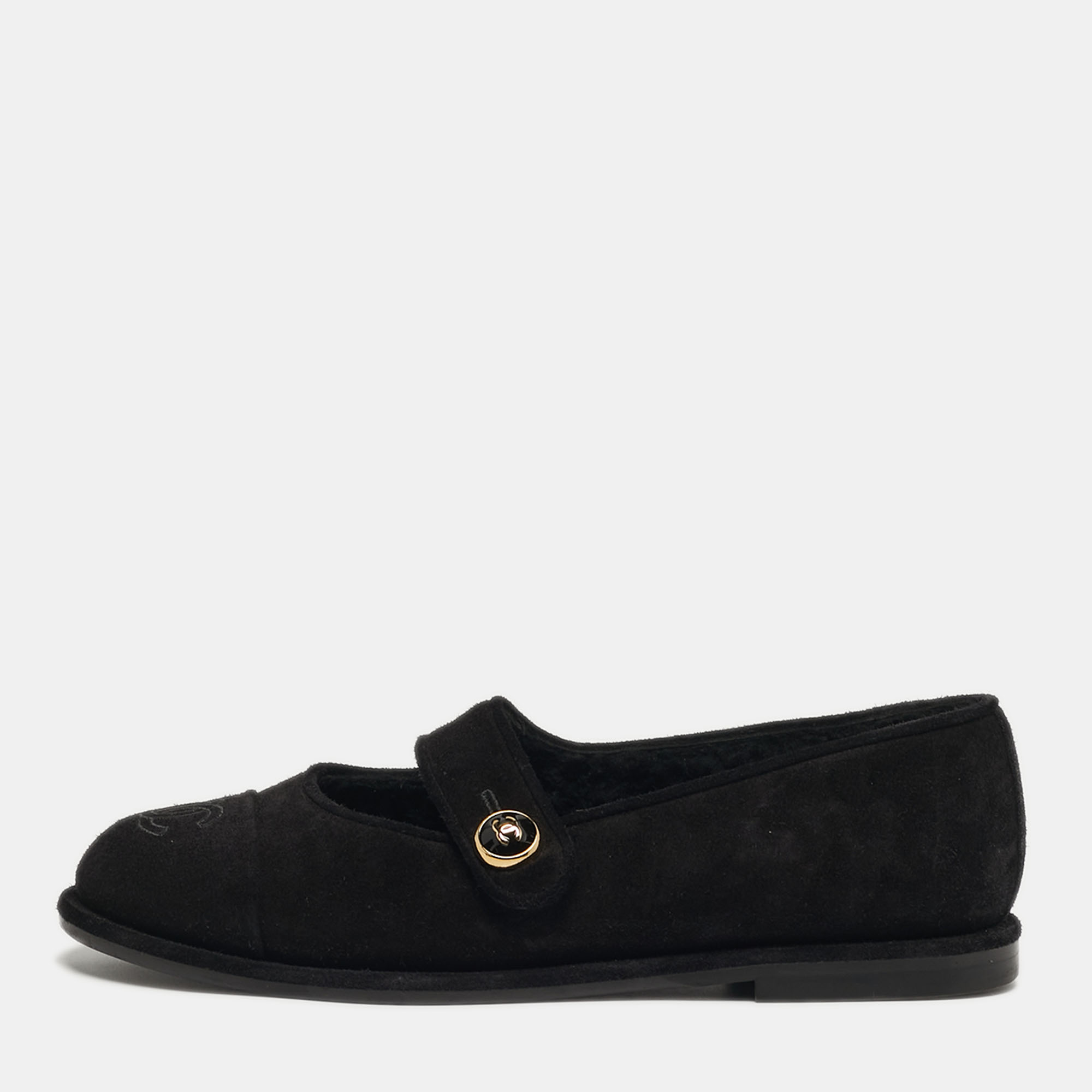 

Chanel CC Size  Black Suede Mary Jane Ballet Flats