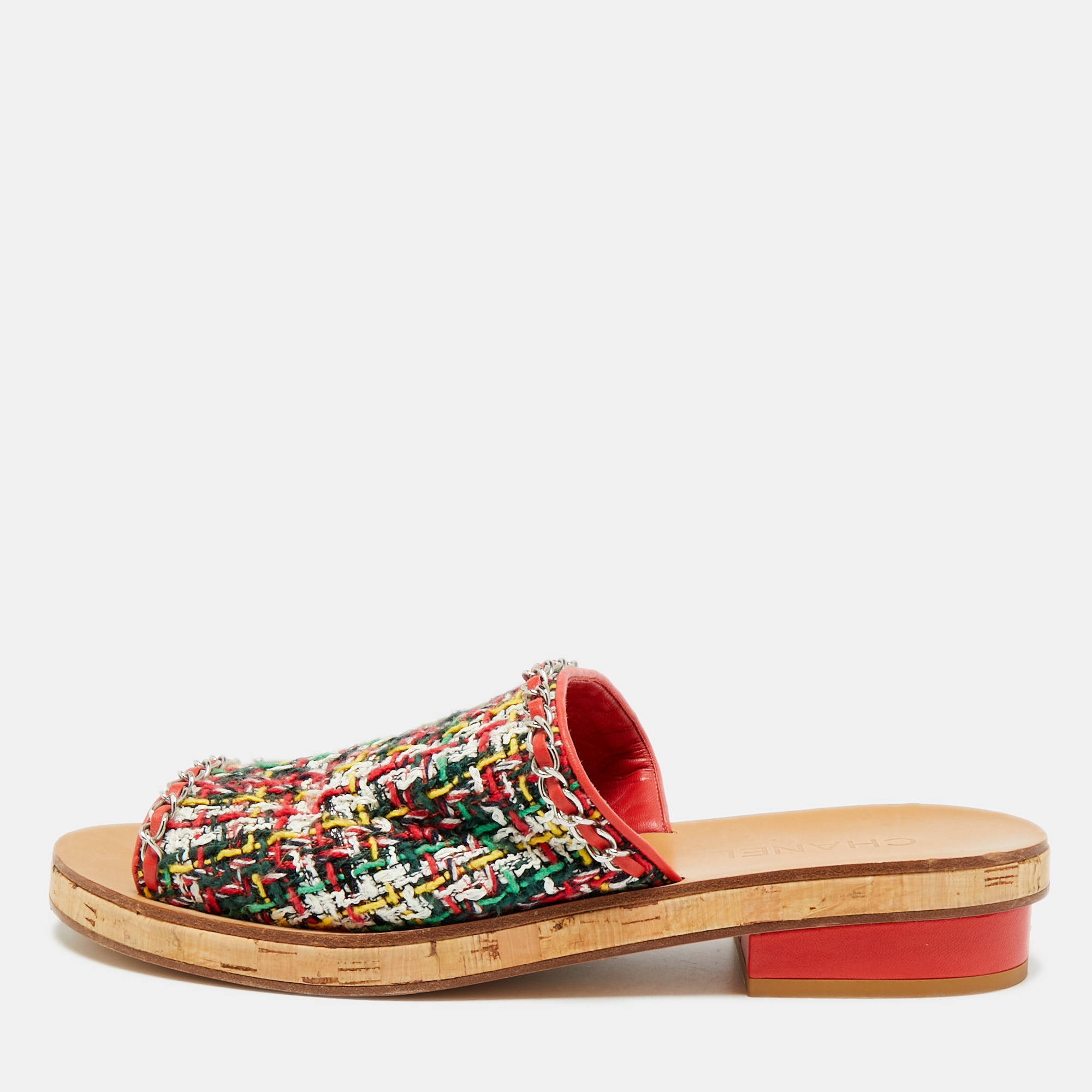

Chanel Size  Multicolor Tweed and Leather Chain Detail Slide Sandals