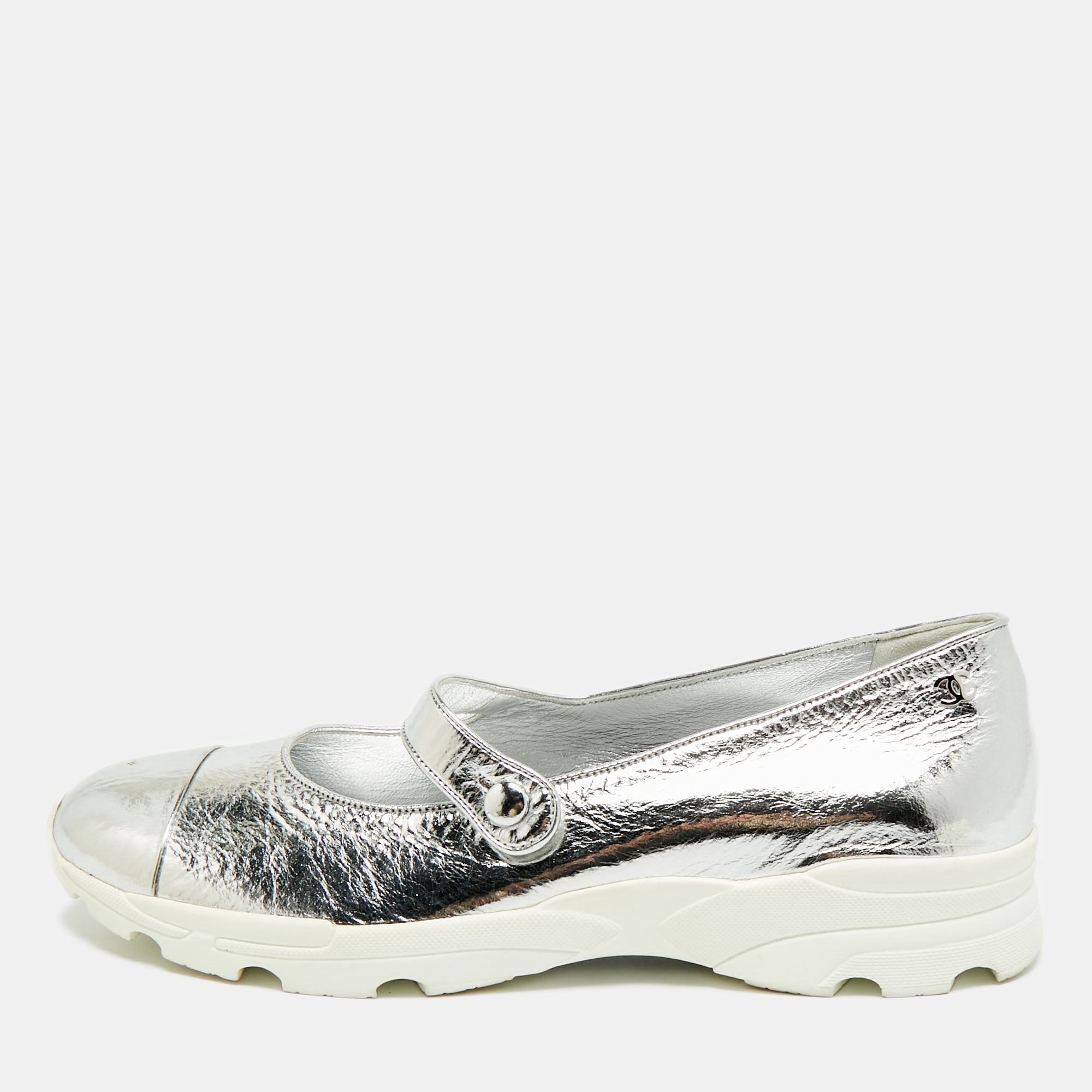 

Chanel Size  Silver Leather Mary Jane Sneakers