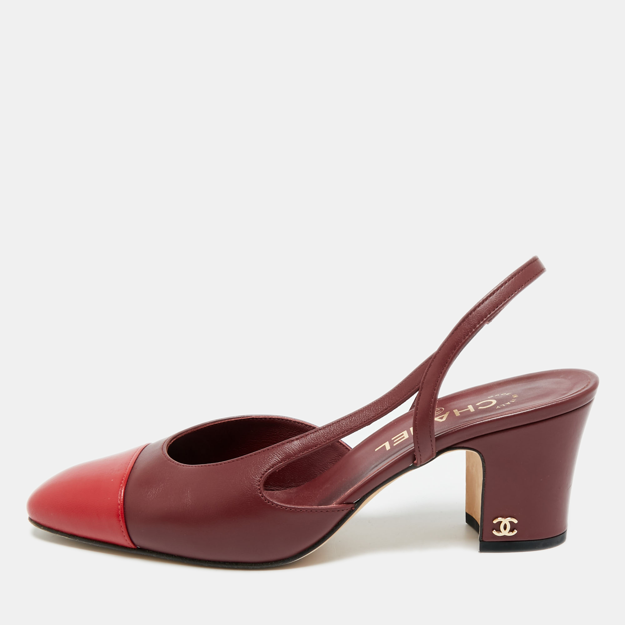 

Chanel CC Size  Red/Burgundy Leather Slingback Pumps