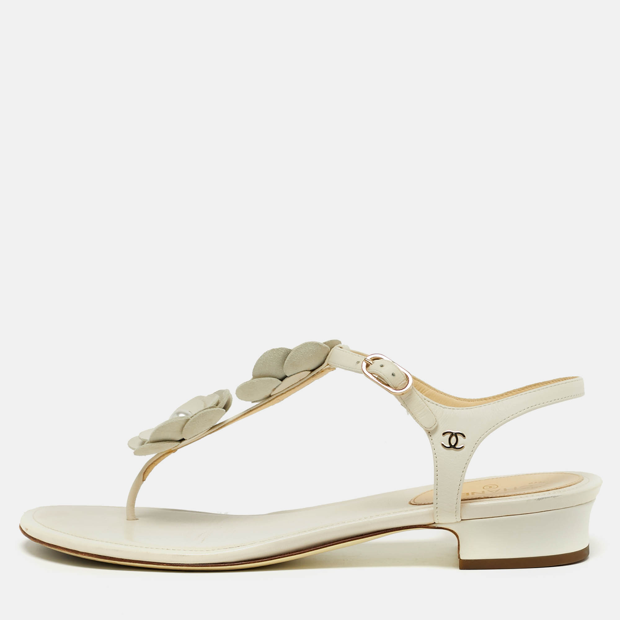 

Chanel Camelia Size  White Leather Ankle Strap Thong Sandals