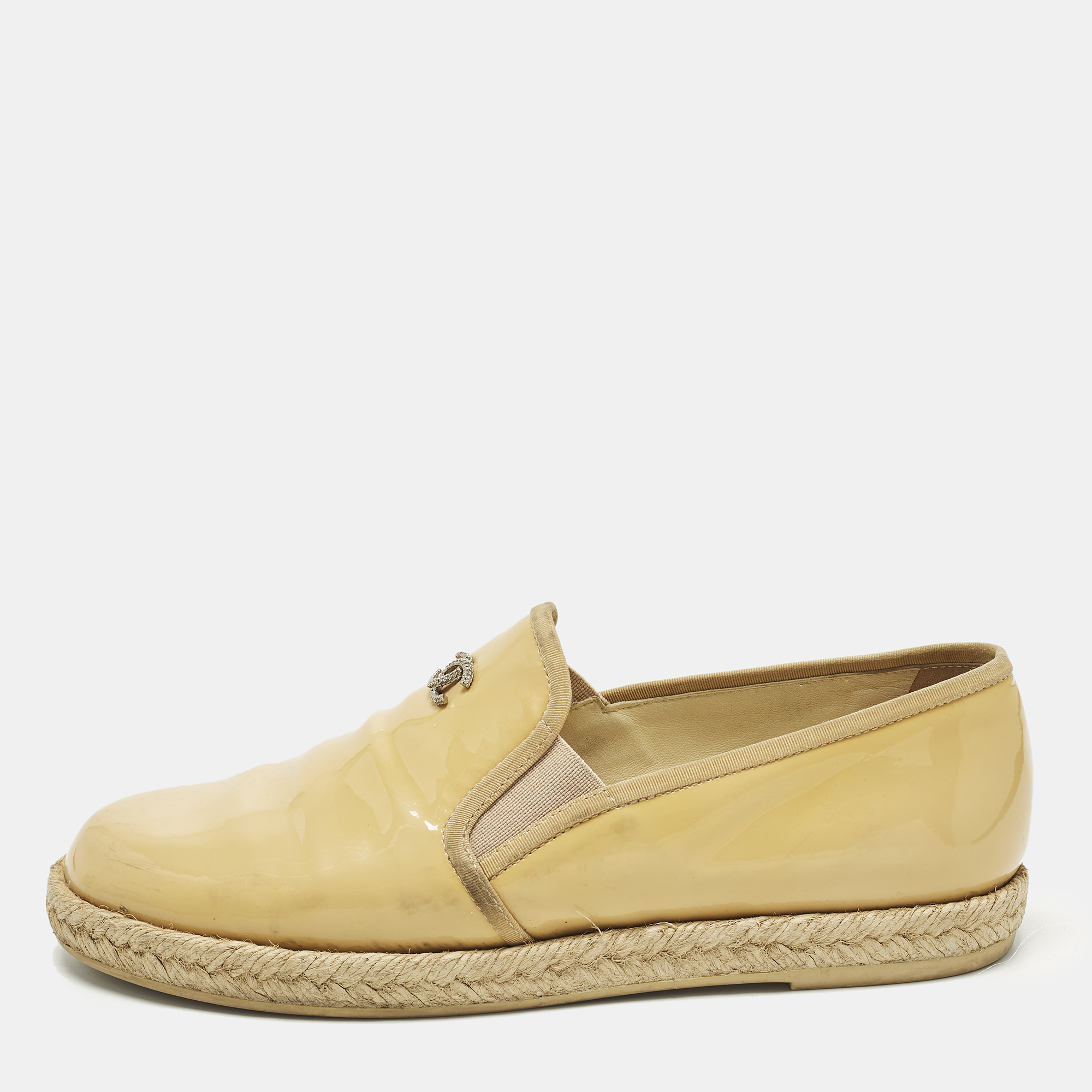 

Chanel Size 36.5 Beige Patent Leather Espadrille Loafers