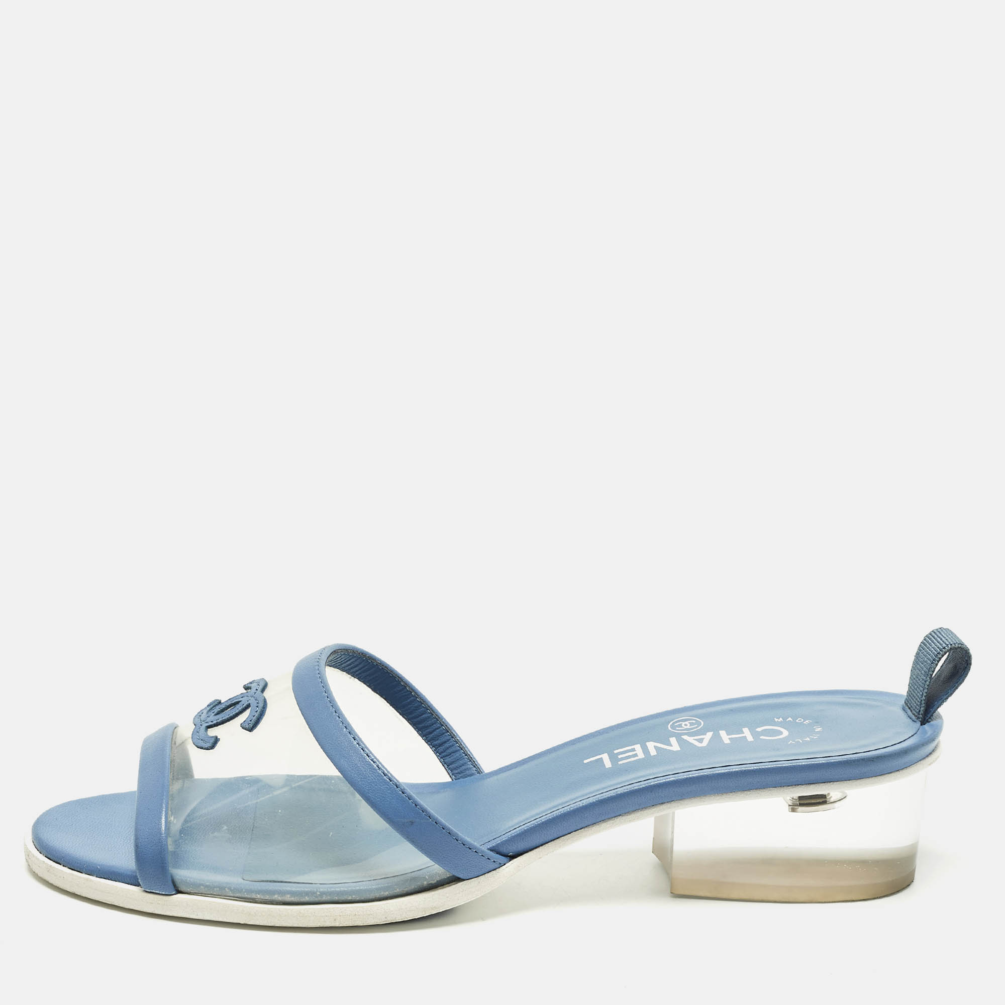 

Chanel CC Size  Transparent/Blue Leather and PVC Slide Sandals