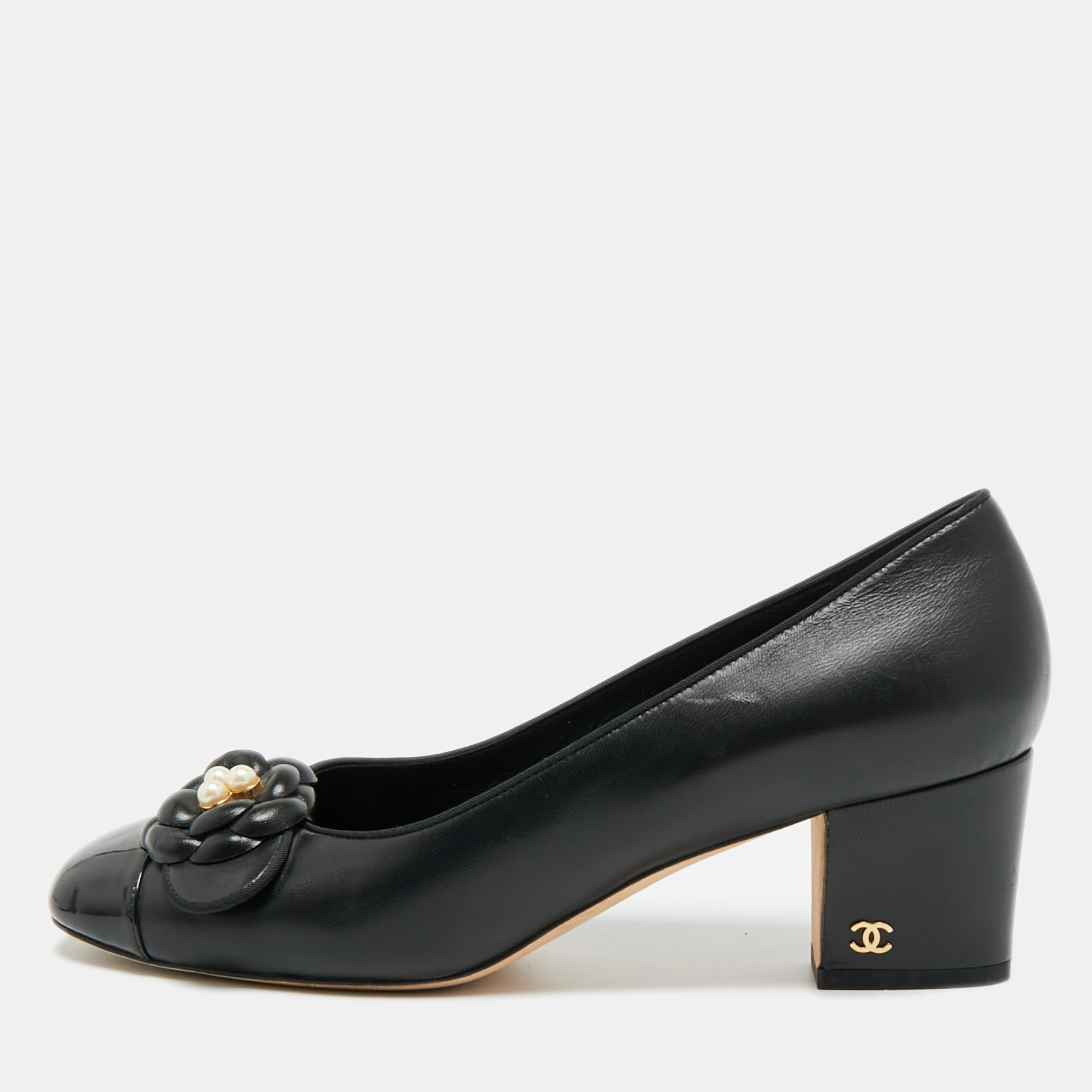 

Chanel Camelia Size  Black Leather Block Heel Pumps