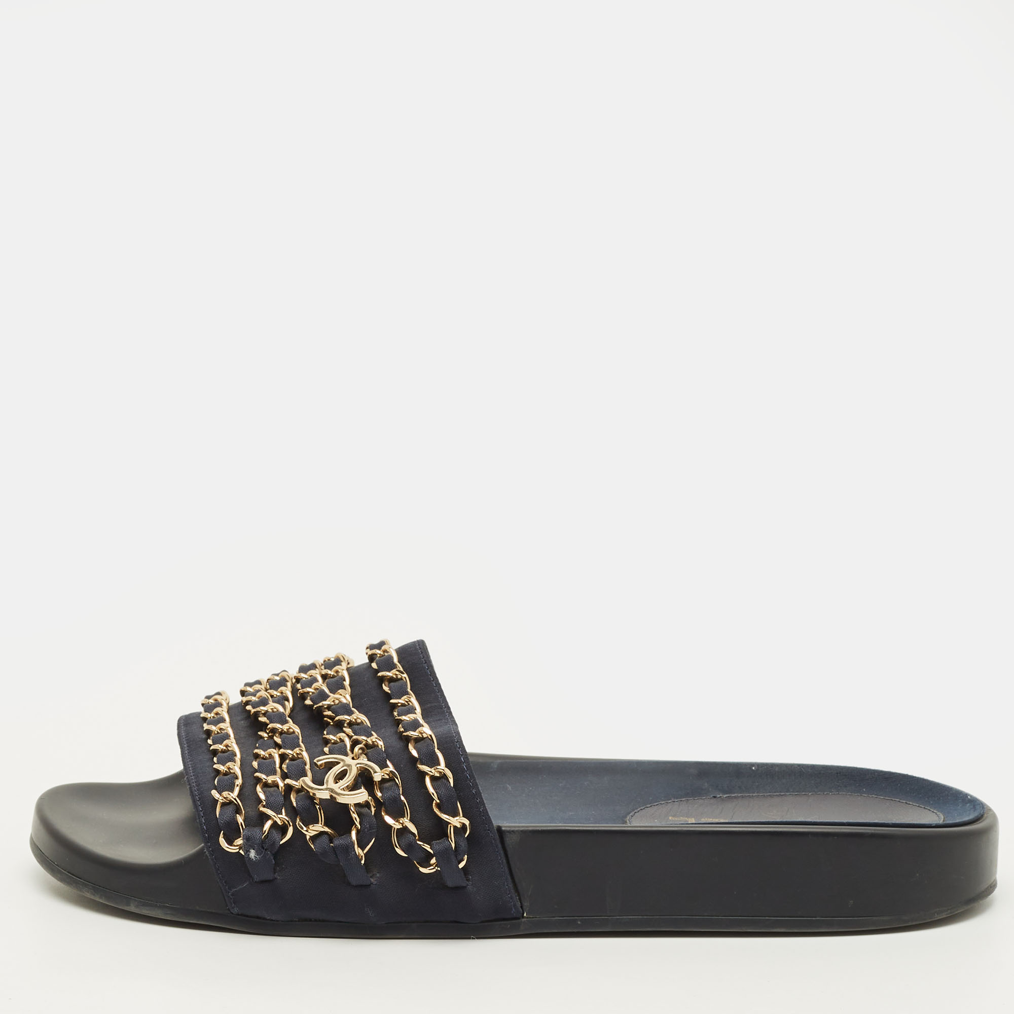 

Chanel CC Size  Navy Blue Fabric Chain Link Flat Slide Sandals