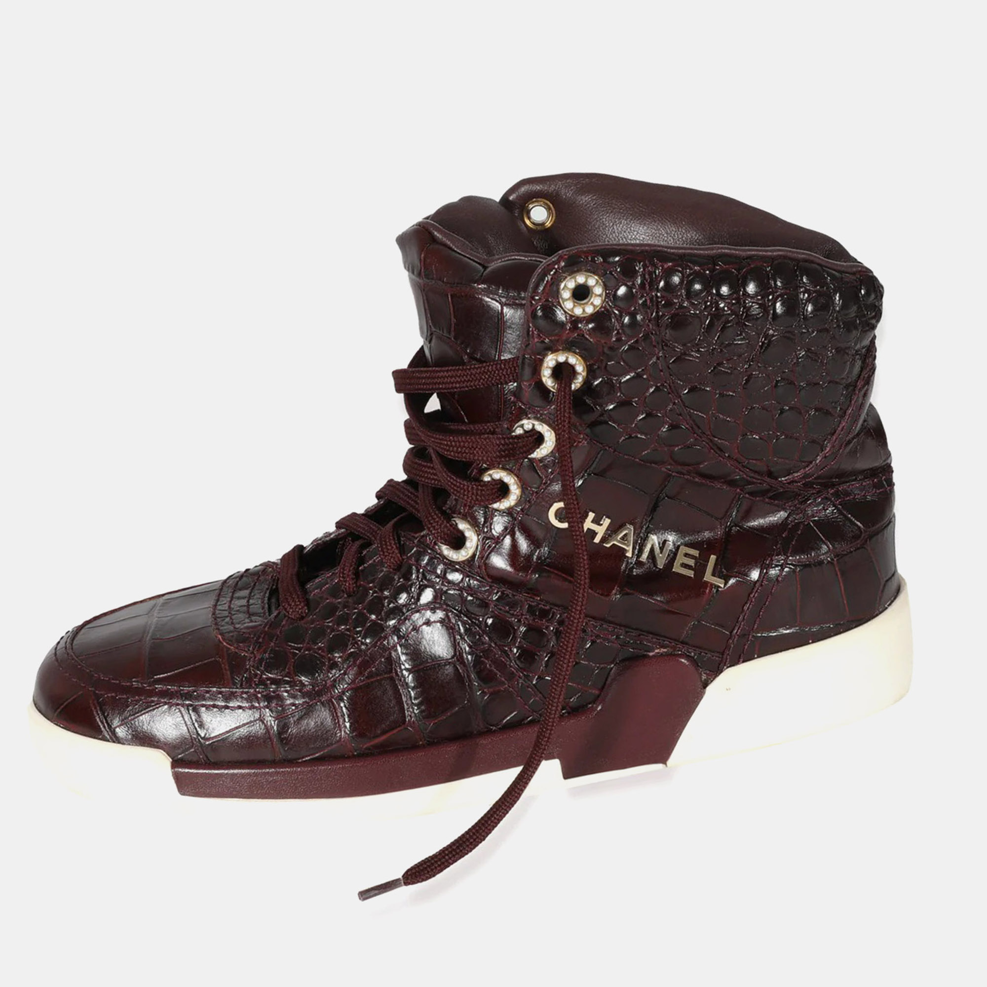 

Chanel 19A Burgundy Croc Embossed High Top Sneakers