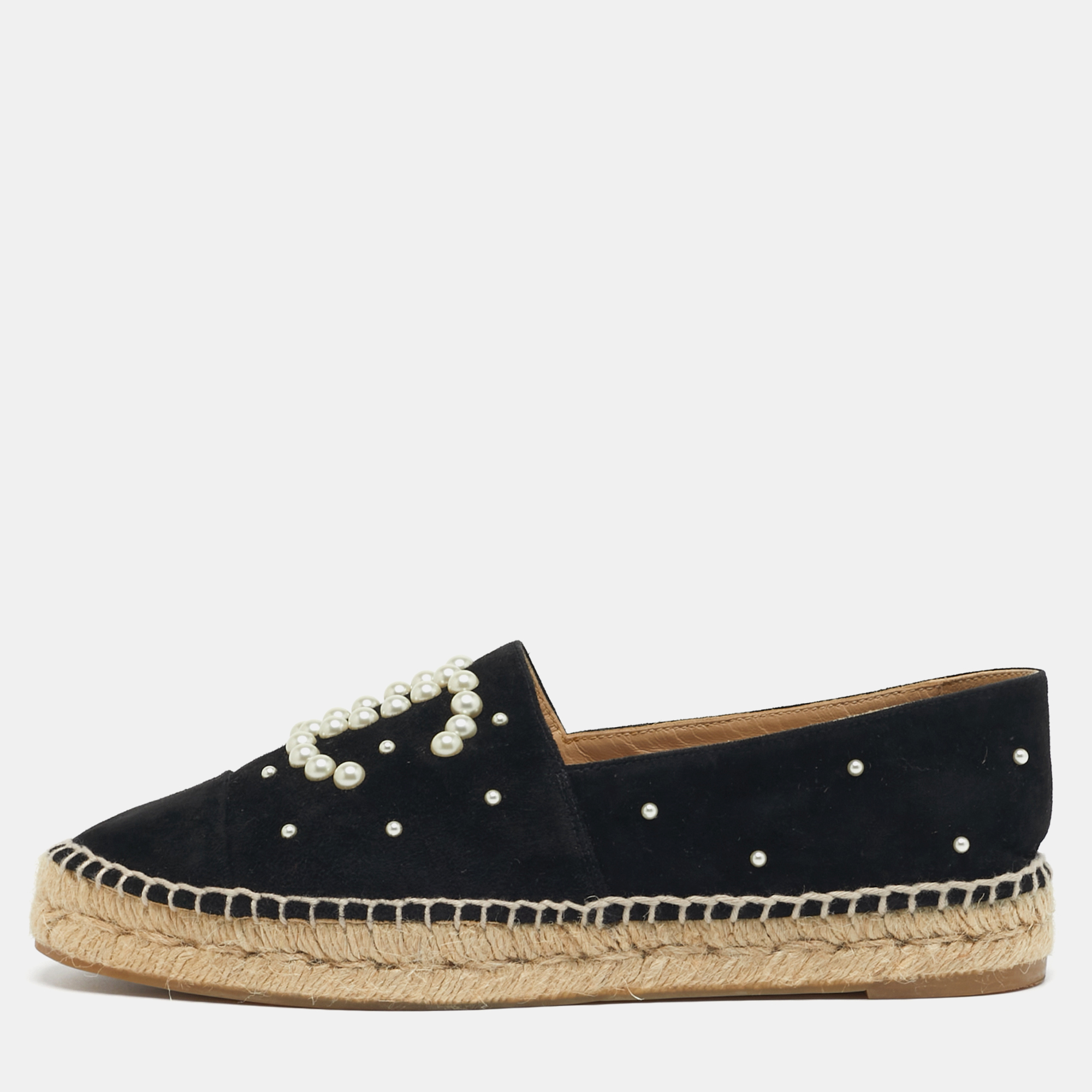 

Chanel CC Size  Black Suede faux pearl Espadrille Flats
