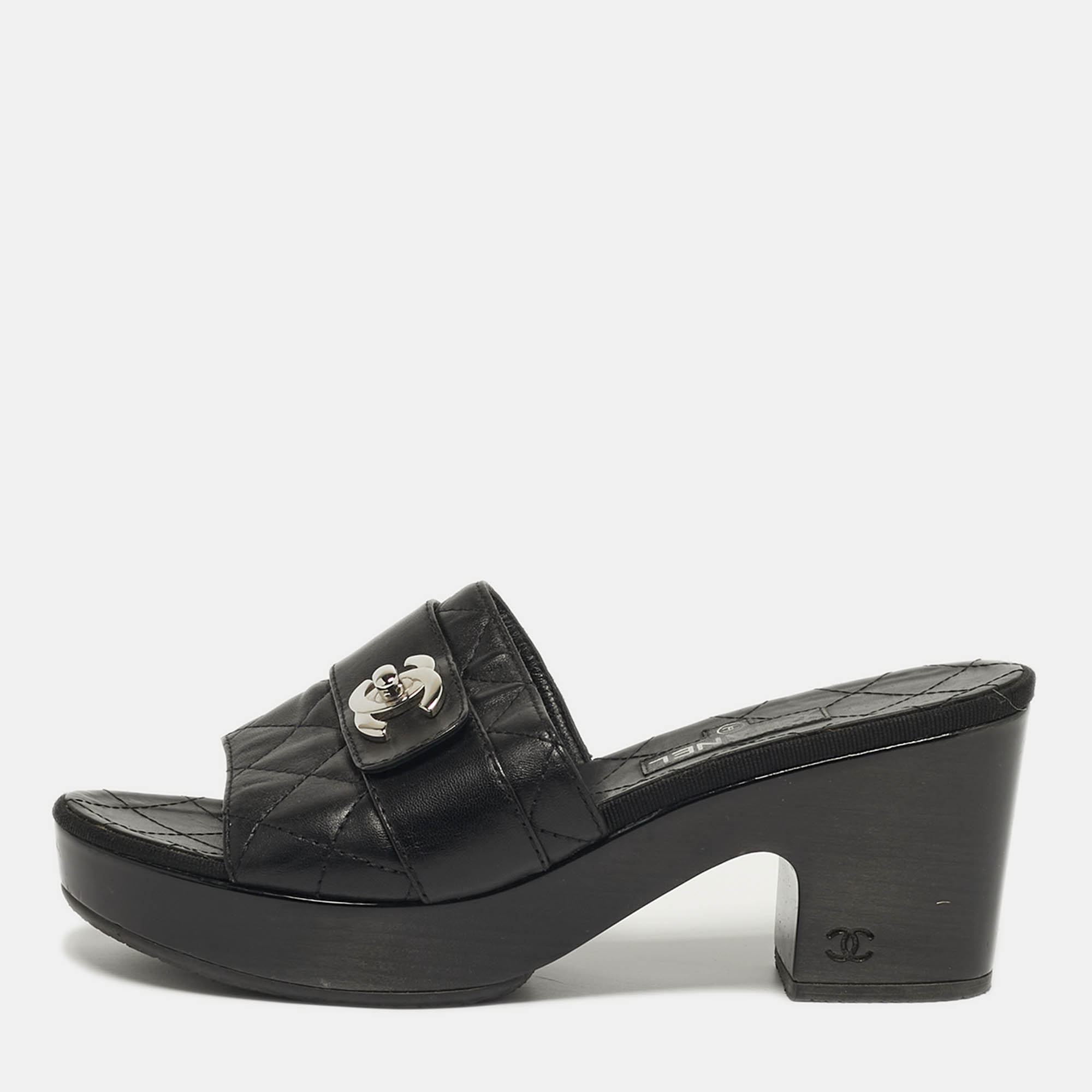 

Chanel Size  Black Quilted Leather CC Turn Lock Platform Slide Sandals