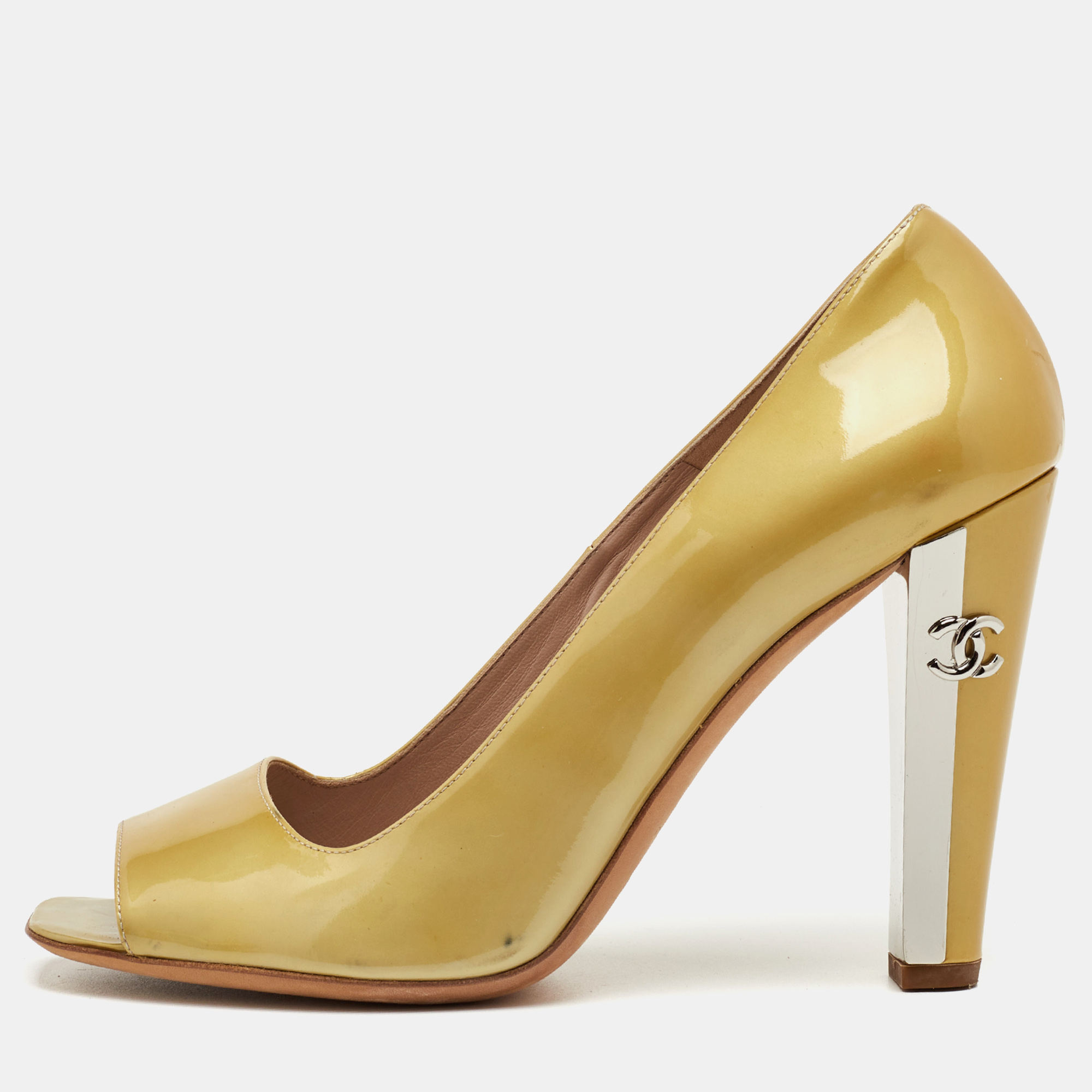 

Chanel CC Size  Yellow Patent Leather Peep Toe Pumps