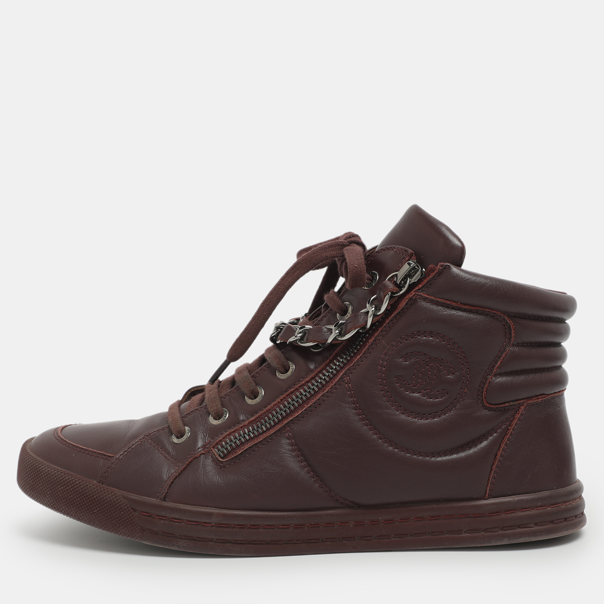 

Chanel CC Size  Burgundy Leather High Top Sneakers