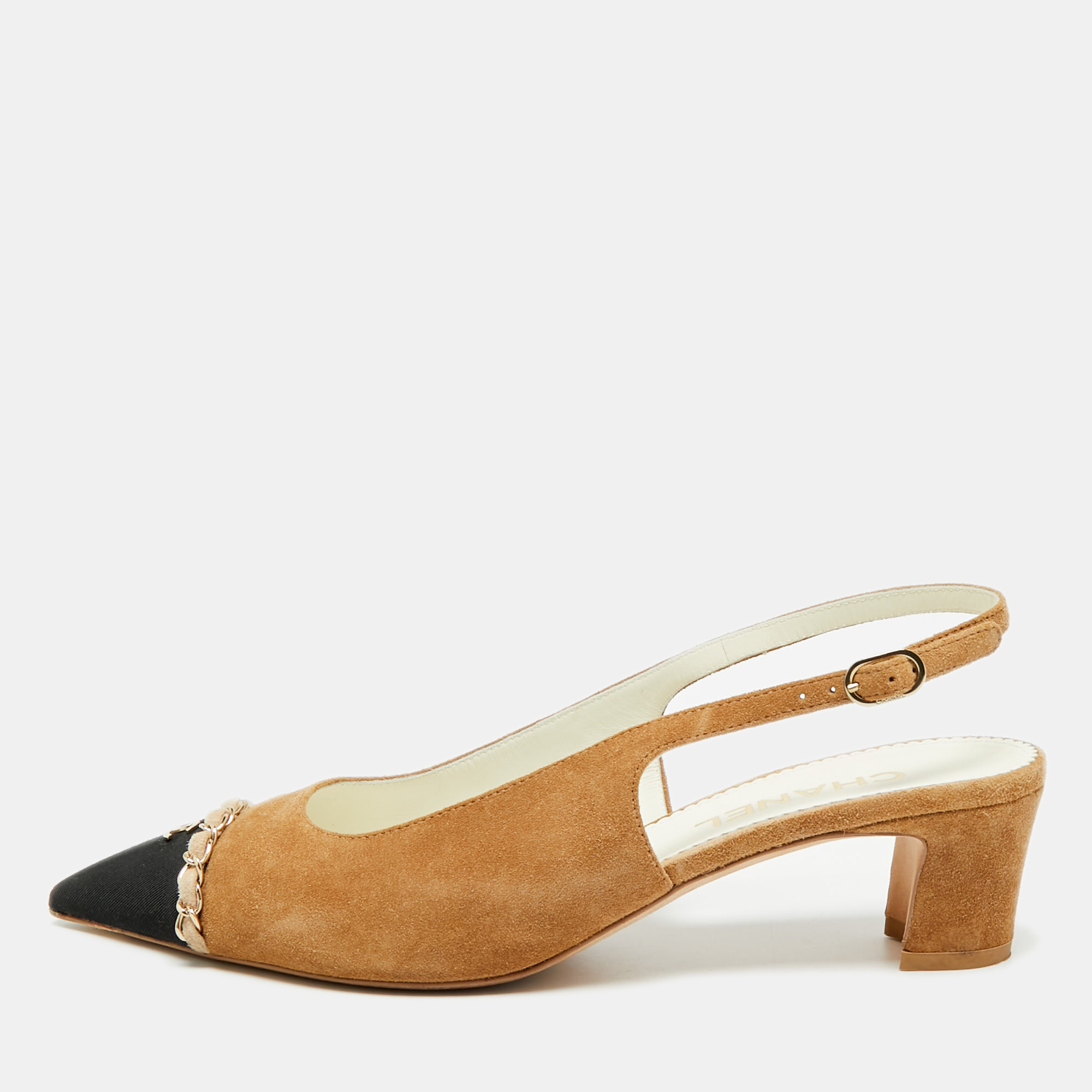 

Chanel CC Logo Interlocking Size  Brown/Black Suede and Canvas Slingback Pumps