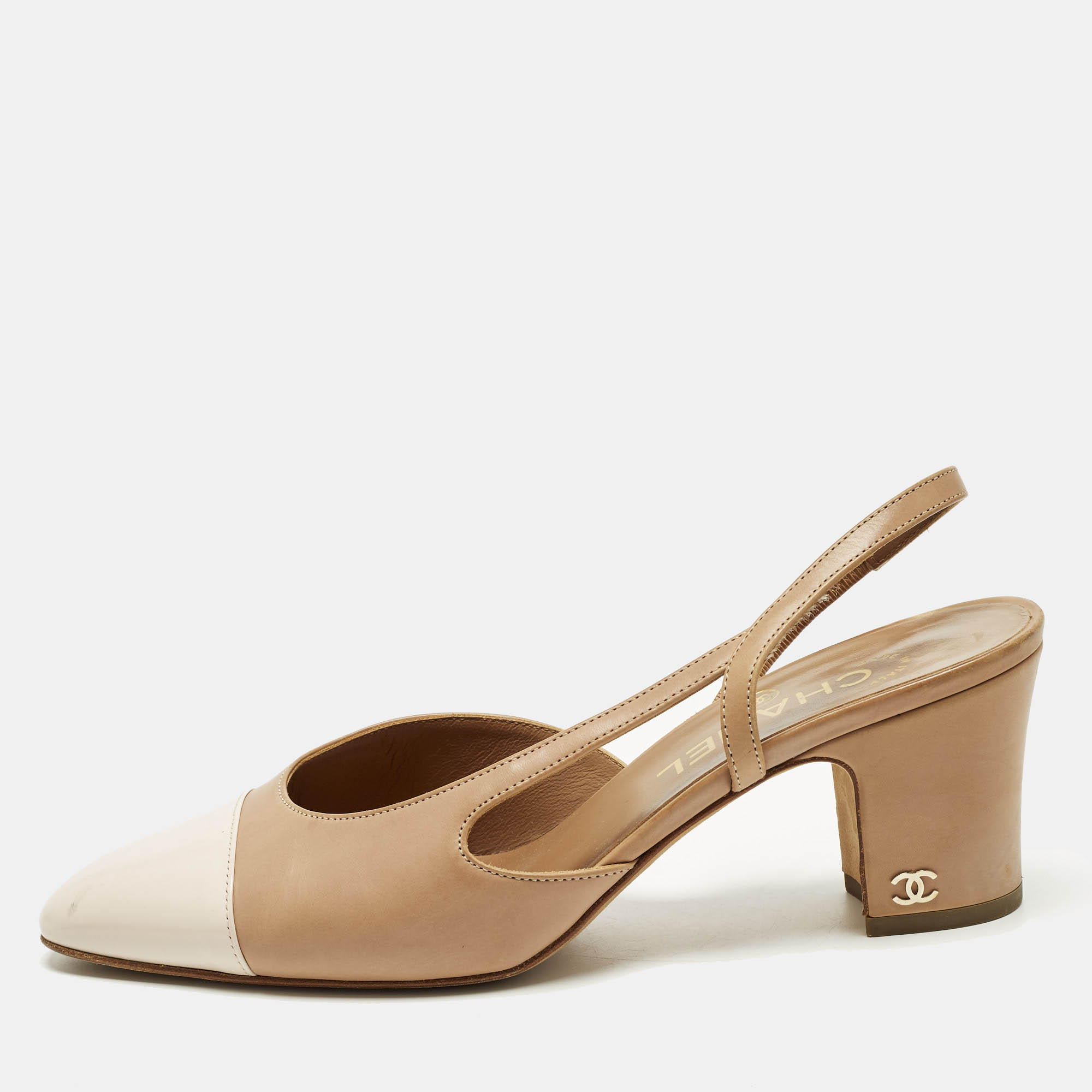 

Chanel CC Size  Beige/Cream Leather Slingback Block Heel Pumps