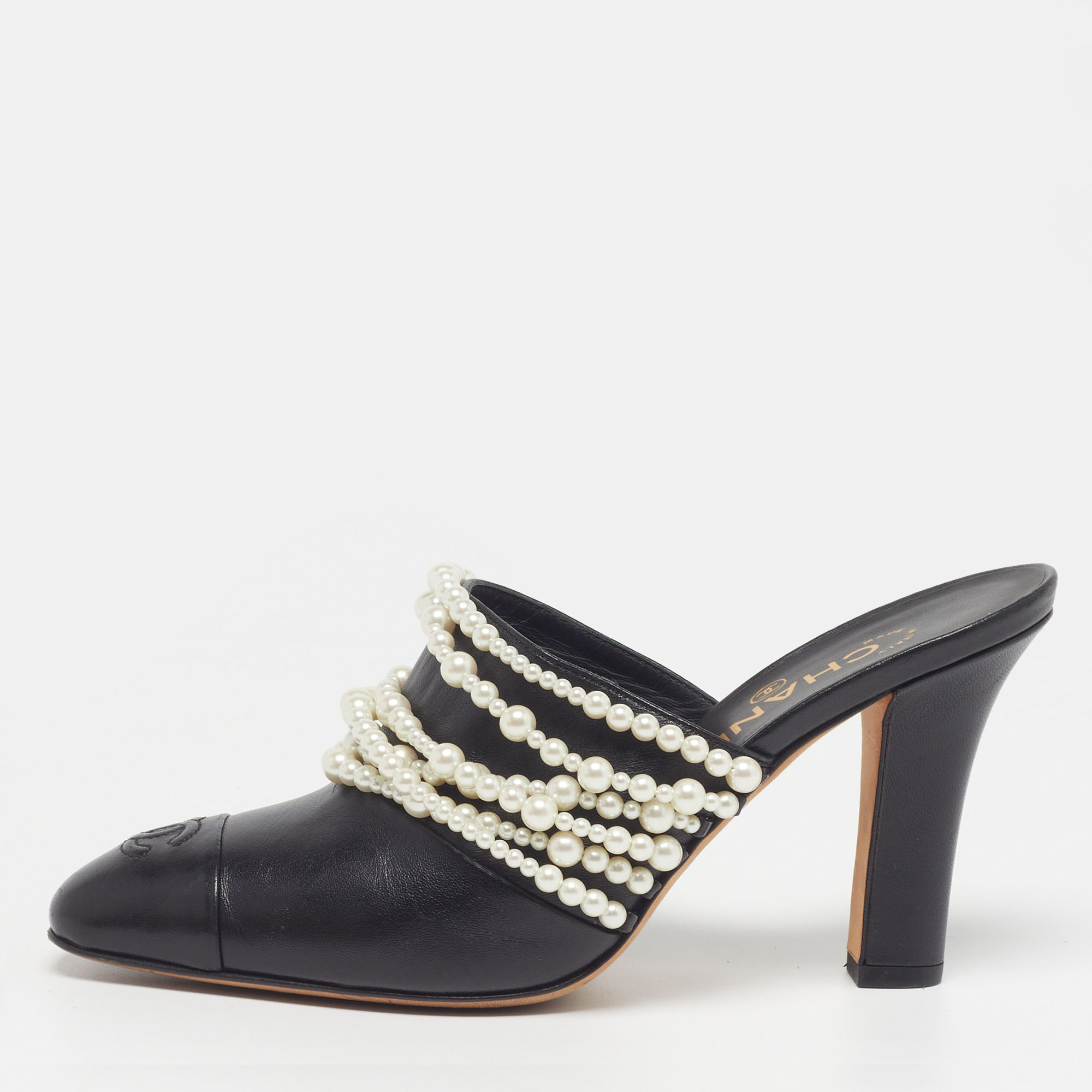 

Chanel CC Size  Black Leather Cap Toe Pearl Embellished Mules