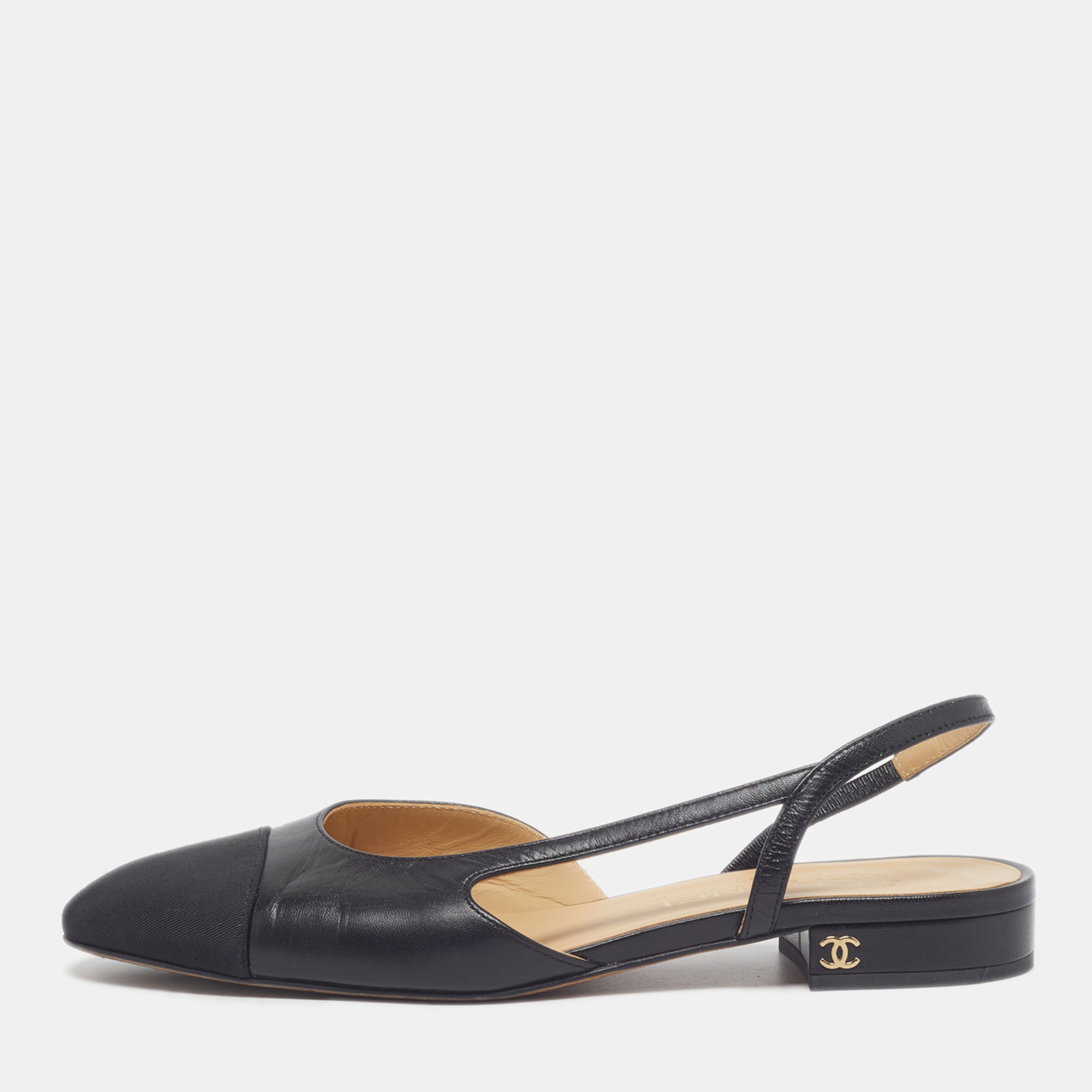 

Chanel CC Cap Size  Black Leather Slingback Flats