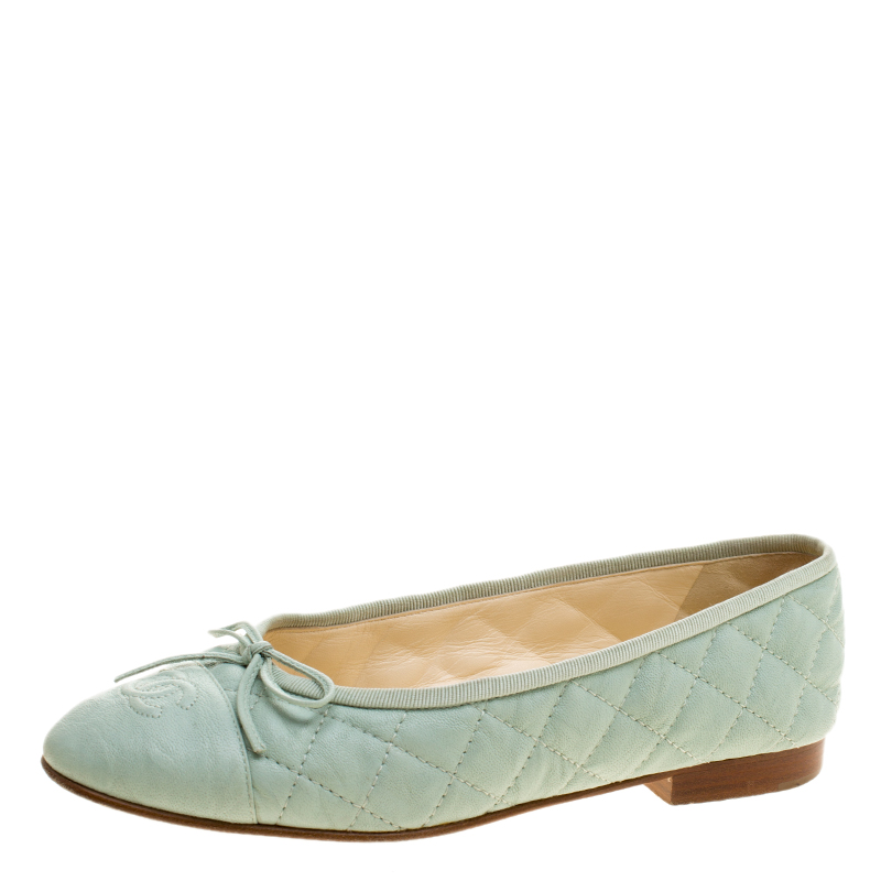 Pre Owned Chanel Mint Green Quilted Leather CC Bow Ballet Flats Size 38