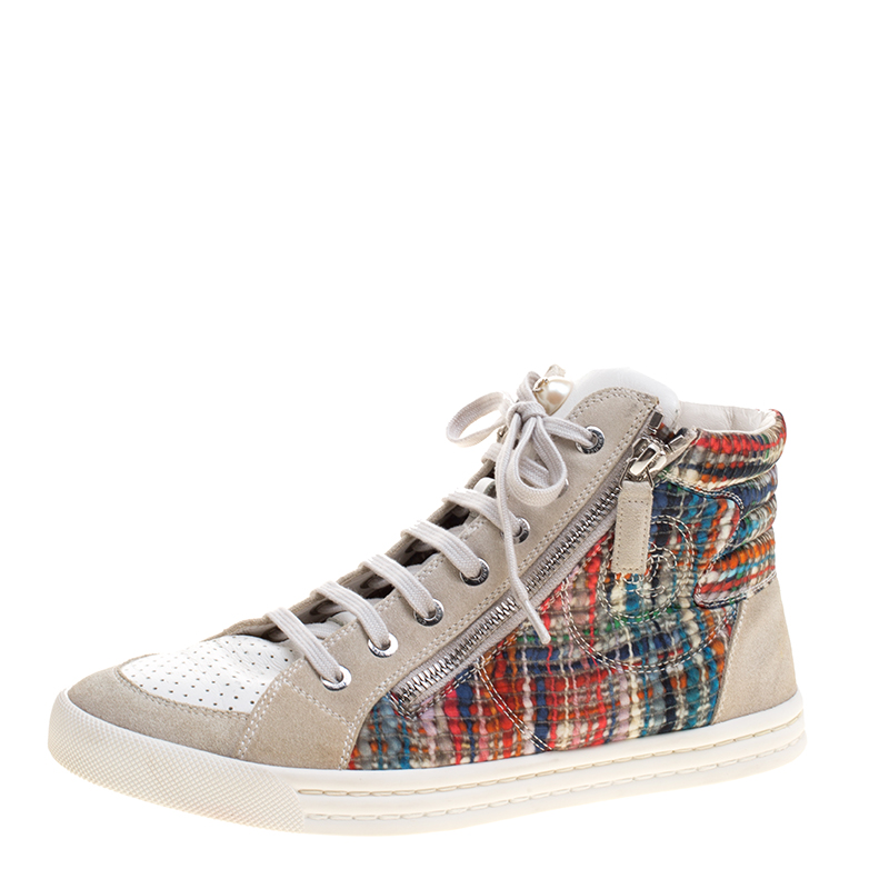 Chanel Multicolor Tweed Printed Fabric And Perforated Leather High Top Sneakers Size 38