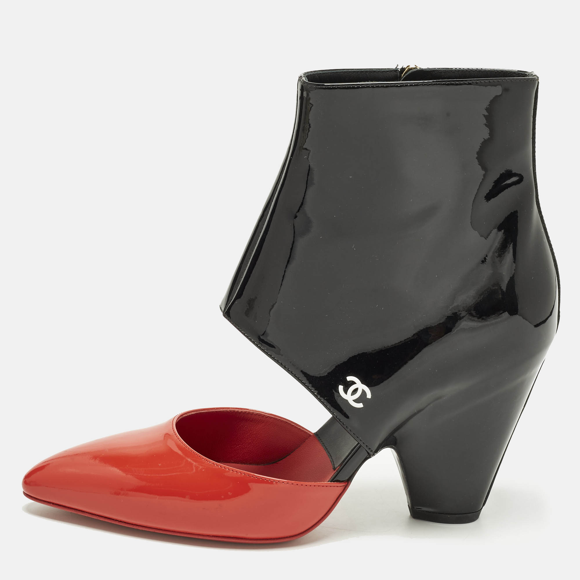 

Chanel CC Size  Black/Red Cut out Patent Leather Booties