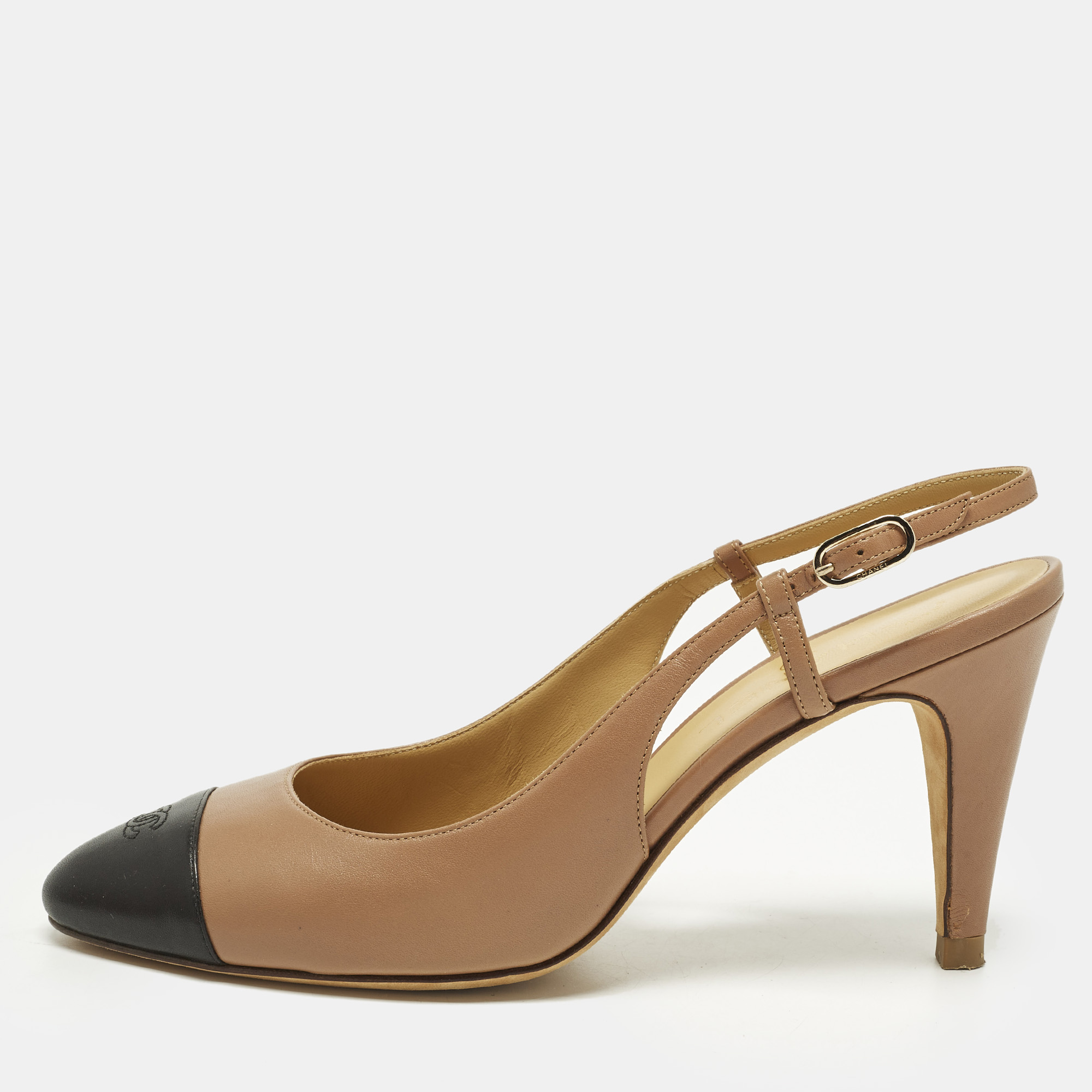 

Chanel CC Size  Beige/Black Leather Cap Toe Slingback Sandals
