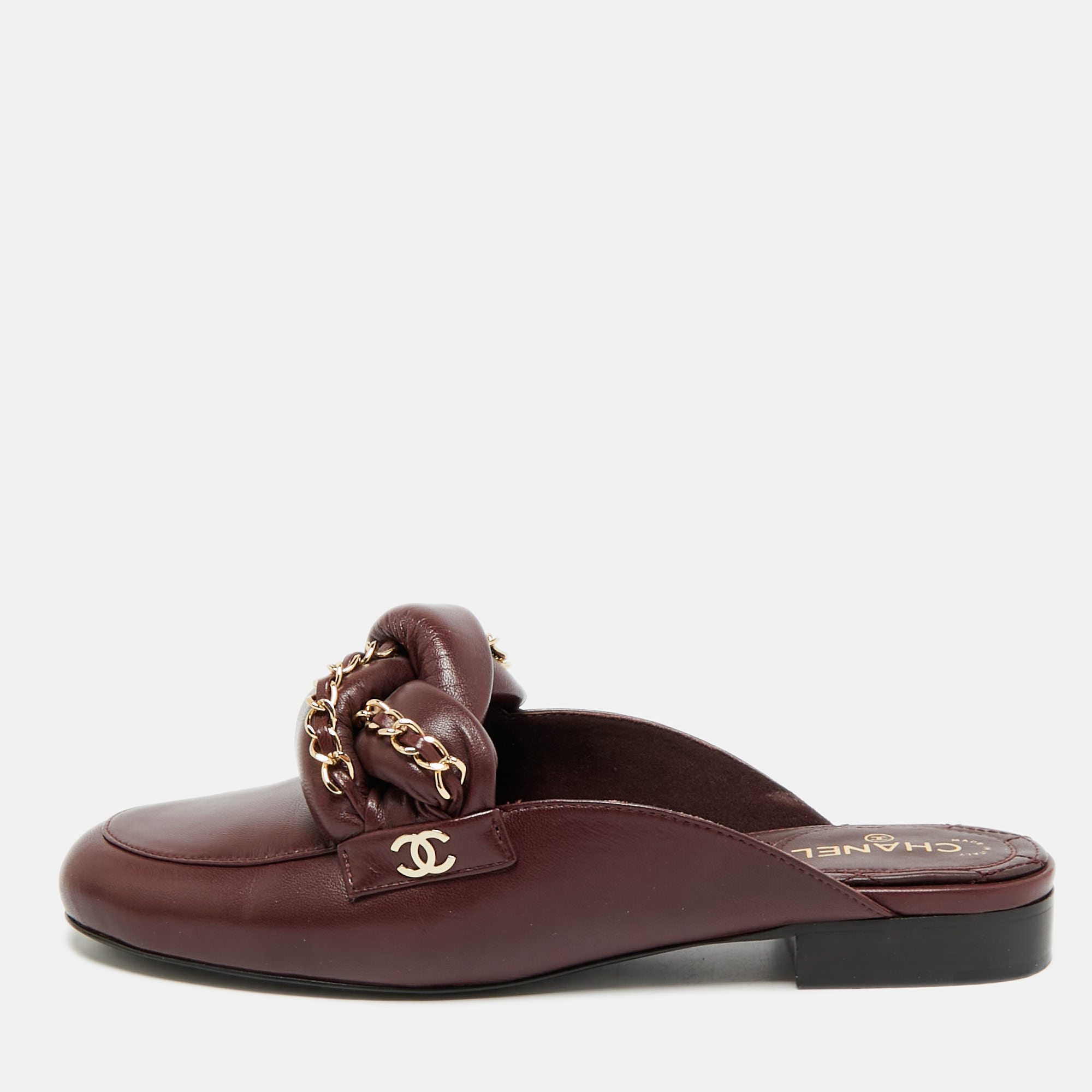 

Chanel CC Size  Burgundy Leather Braided Chain Mules