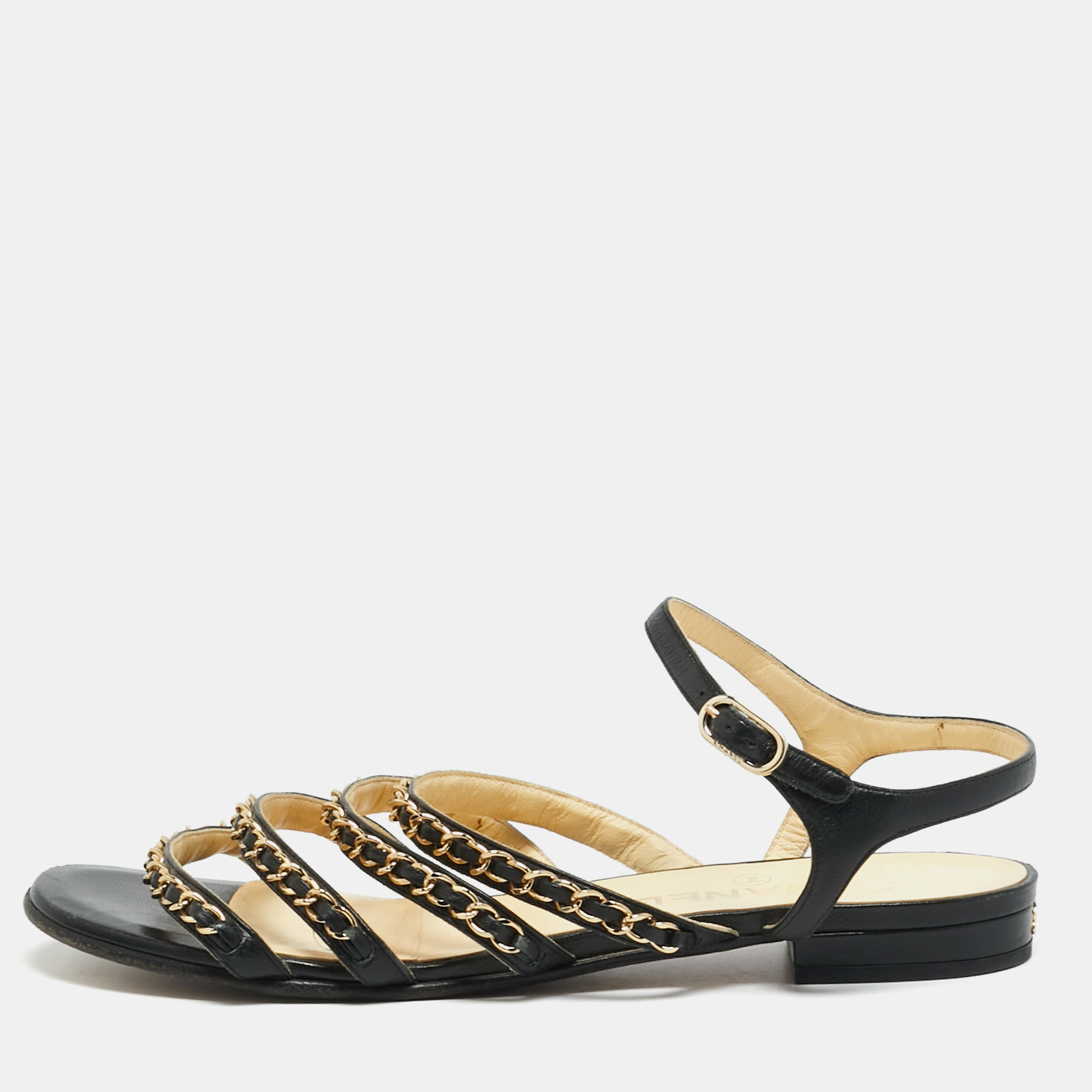 

Chanel CC chain Link Size  Black Leather Ankle Strap Flat Sandals