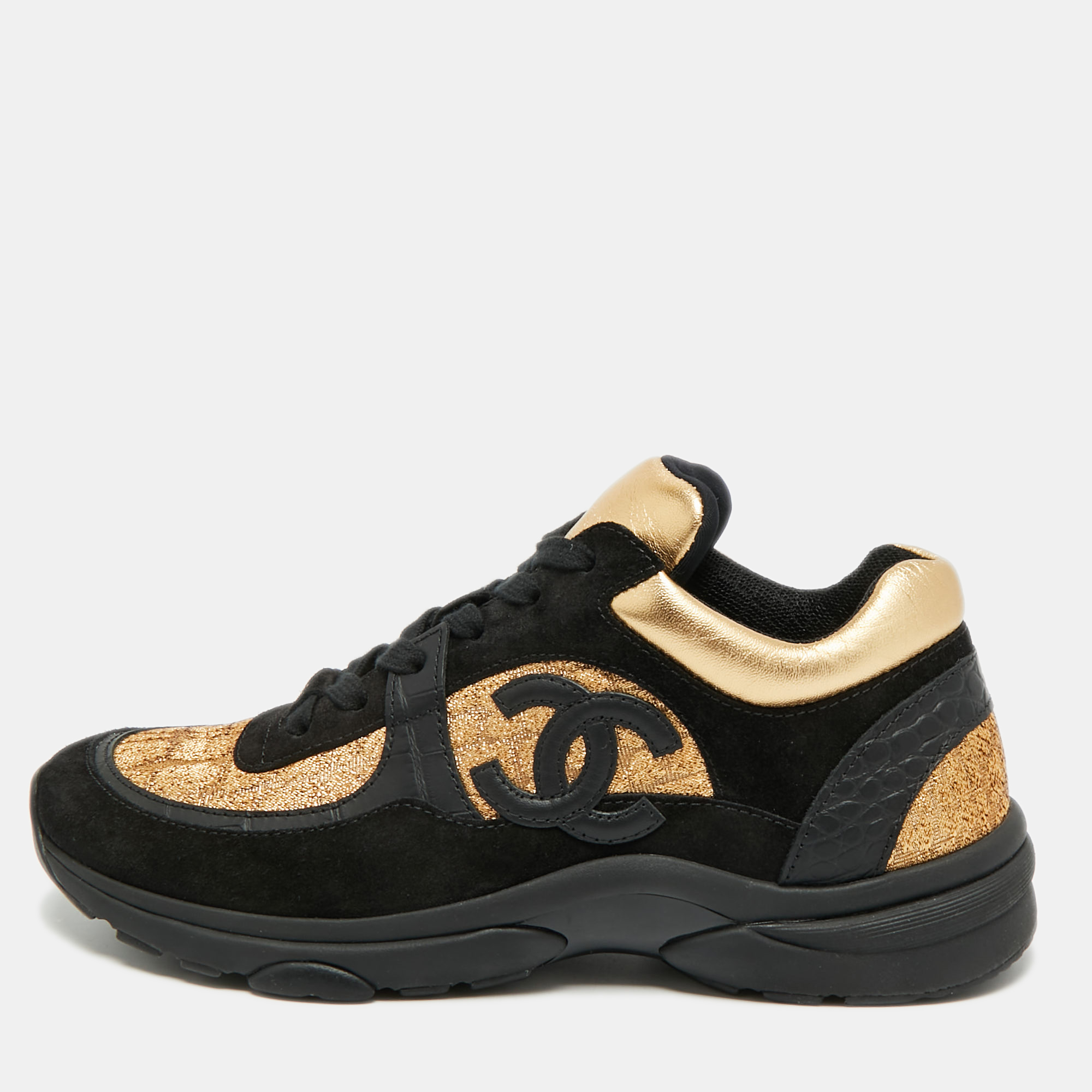 

Chanel CC Size  Gold/Black Croc Embossed Leather and Tweed Lace Up Sneakers