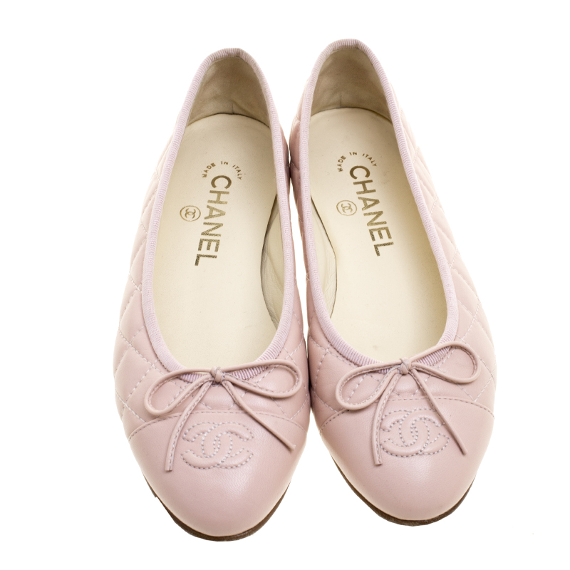 Chanel Light Pink Quilted Leather CC Bow Ballet Flats Size