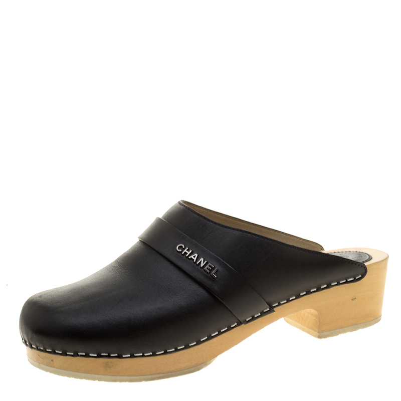 Chanel Black Leather Wooden Clogs Size 
