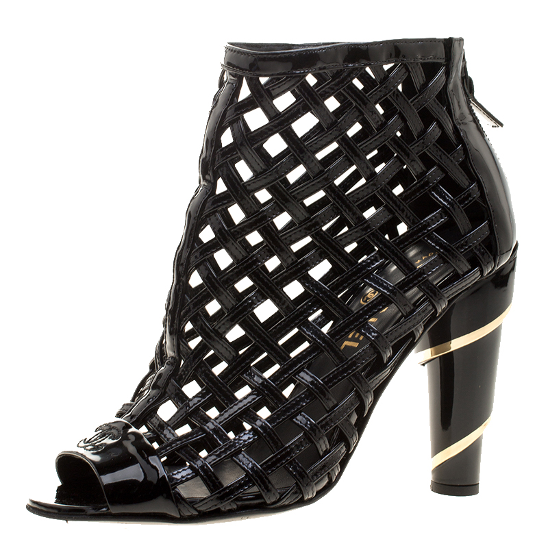 Chanel Black Patent Leather Open Toe Cage Ankle Boots Size 36