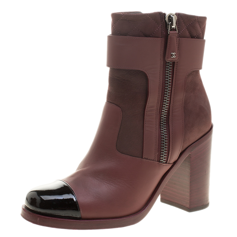 Chanel Burgundy Quilted Leather Cap Toe Block Heel Ankle Boots Size 38