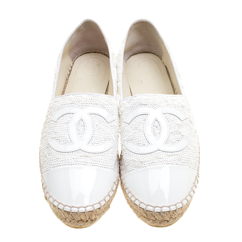Chanel White Sequins and Patent Leather CC Espadrilles Size 37 Chanel