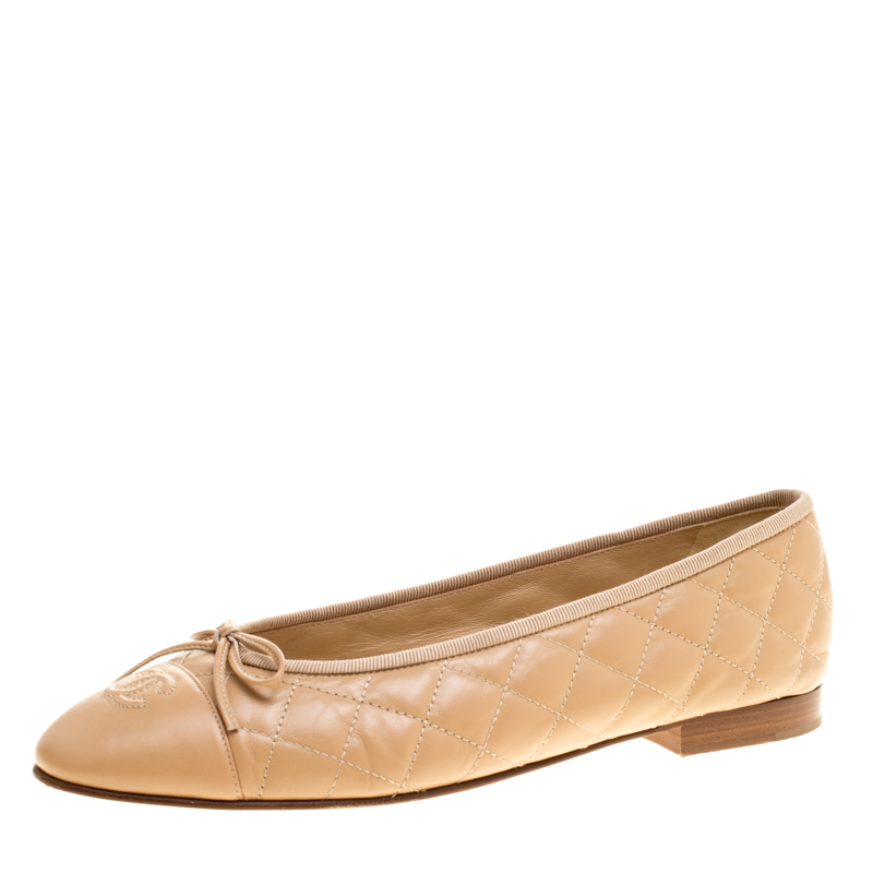 Chanel Beige Quilted Leather CC Bow Ballet Flats Size 40.5