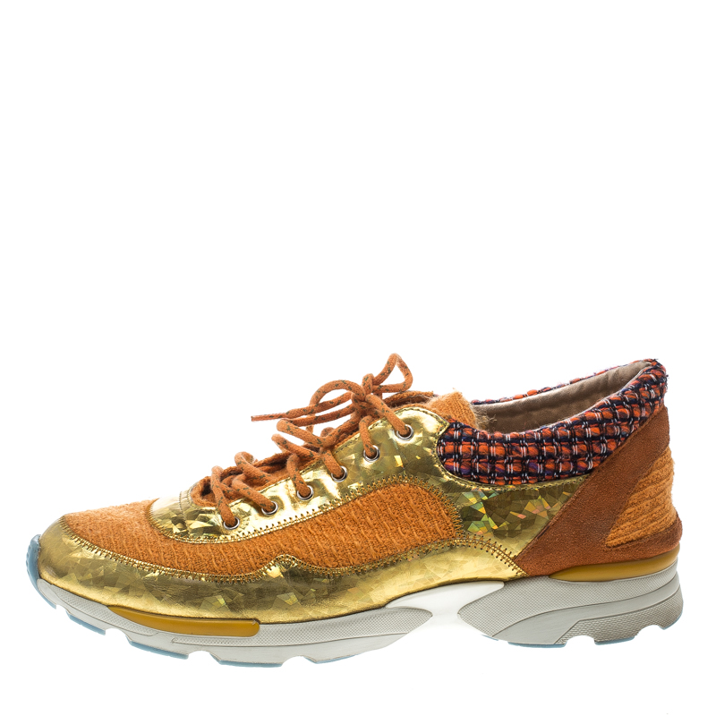 

Chanel Orange Tweed and Holographic Leather Lace Up Sneakers Size, Multicolor